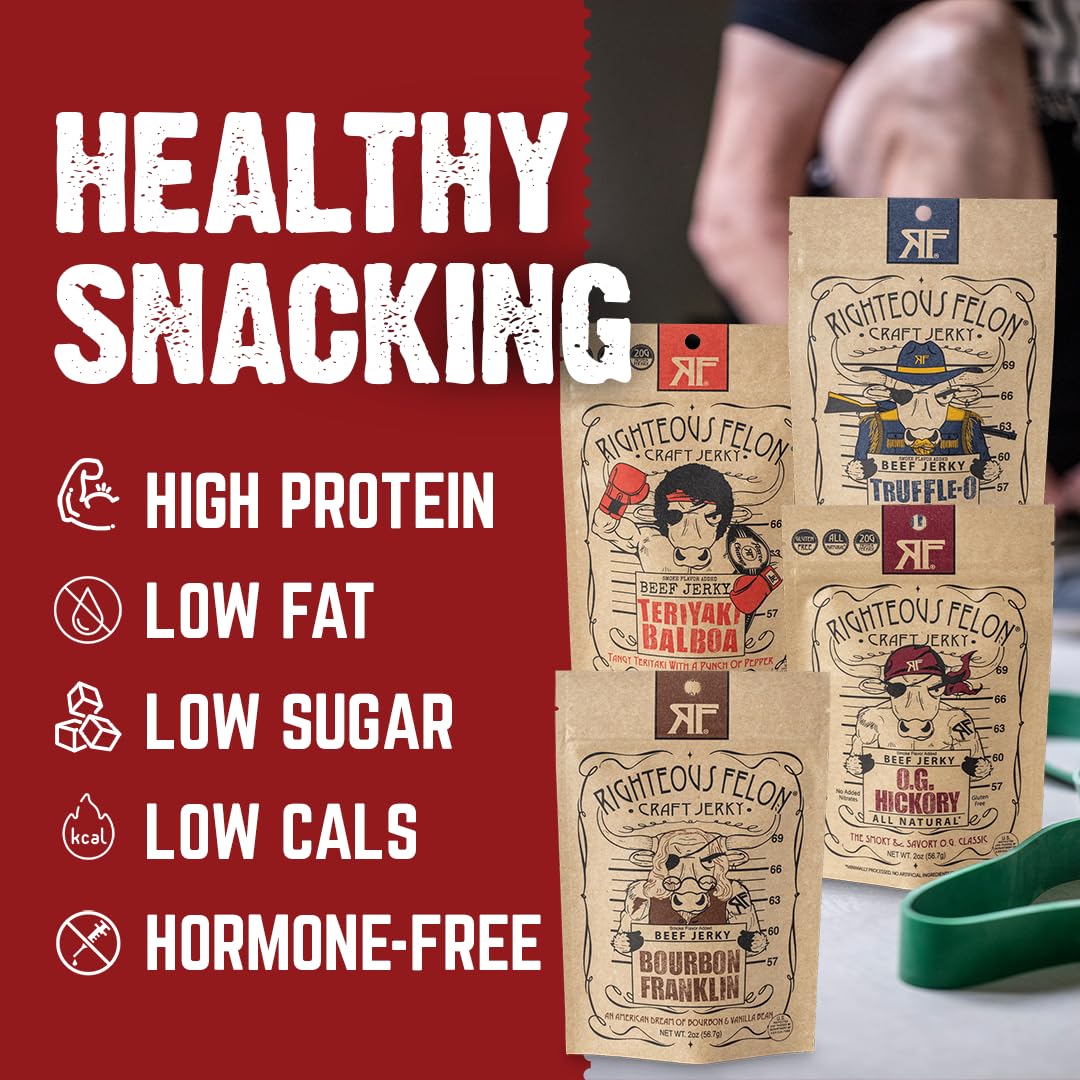 Righteous Felon Beef Jerky - All-Natural Low-Sugar Healthy Snack - 8 Ounce Sampler Pack