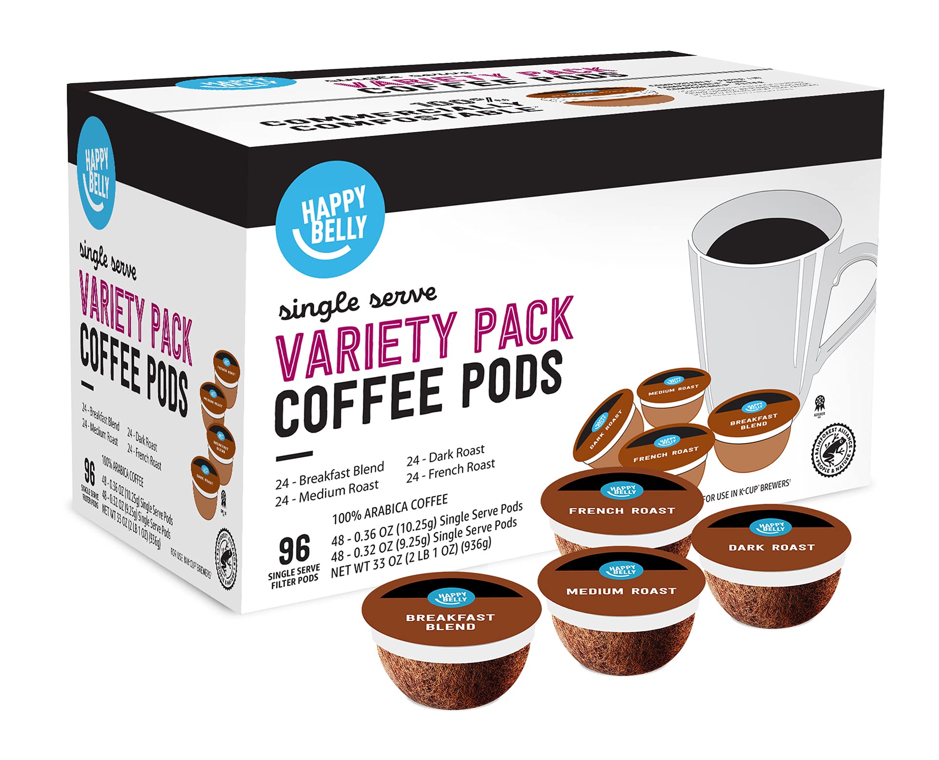 Happy Belly Coffee Pods Variety Pack, Compatible with K-Cup Brewer, 96 Count, Breakfast Blend, Dark Roast, Medium Roast, French Roast