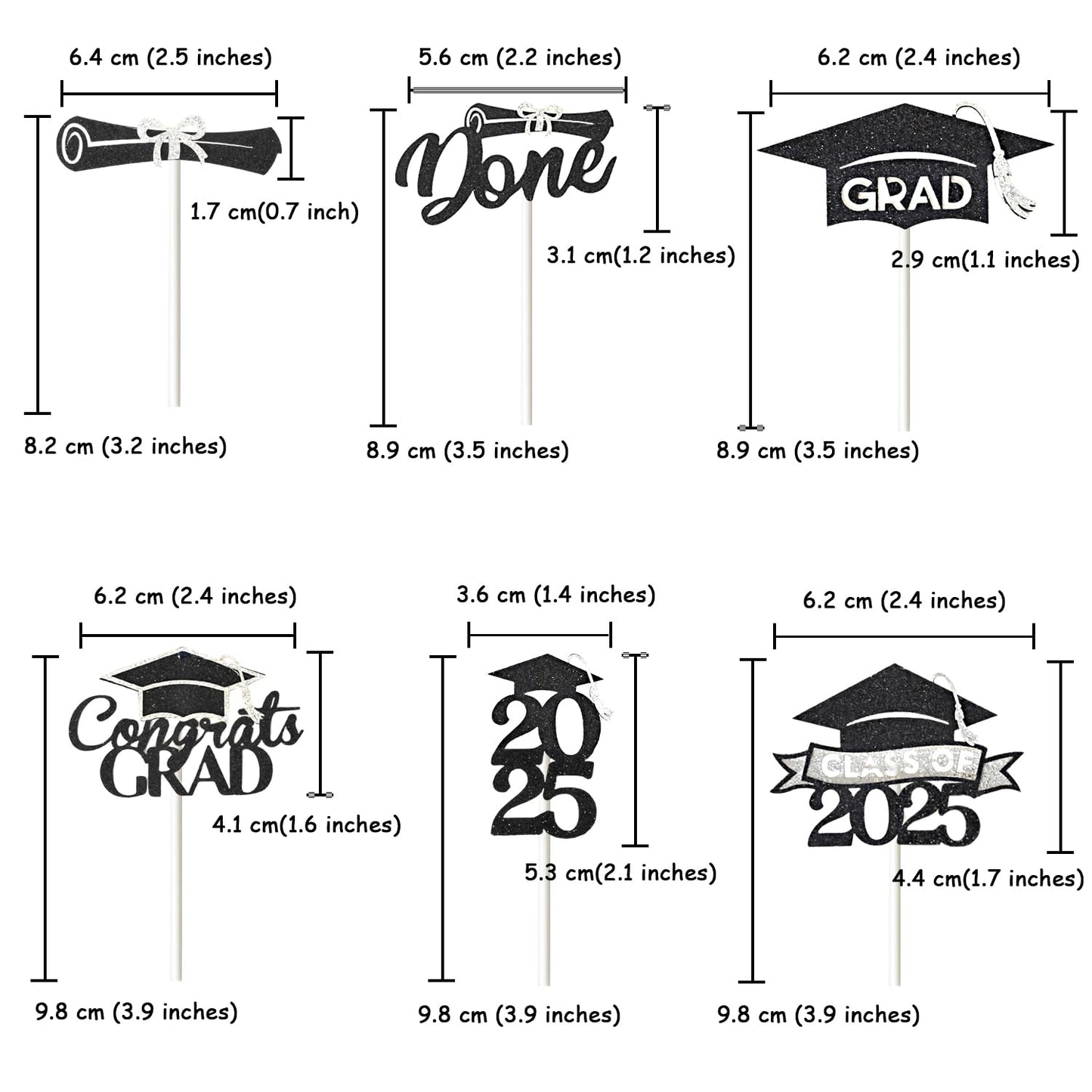 Chewarelly 24 Pack Graduation Cupcake Toppers, Glitter Decor, Black with Silver, Model GRADGL-24B03