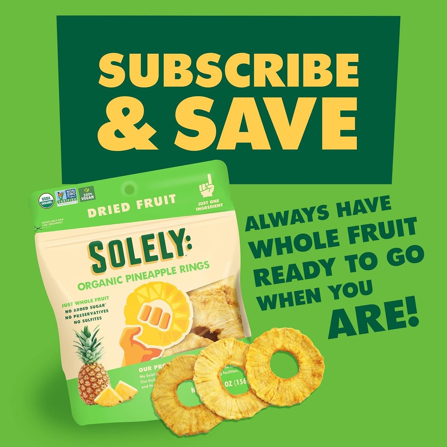 Solely - Organic Dried Pineapple Rings (3.5 Oz Resealable Bags, Pack Of 4) - Real Fresh Fruit - 1 Ingredient - Healthy Snacks For Mature-Themeds & Kids - Non Gmo, Vegan Snacks, Shelf Stable - 4 Bags (14 Oz)