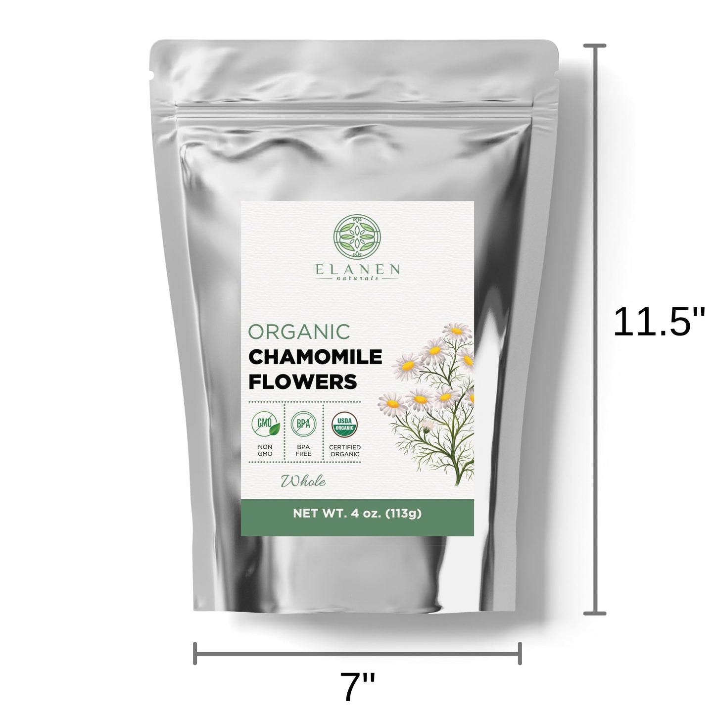 Elanen Naturals Organic Chamomile Flowers 4 Oz. (113G), Usda Certified Organic Chamomile Tea Loose Leaf, Camomile Tea, Manzanill