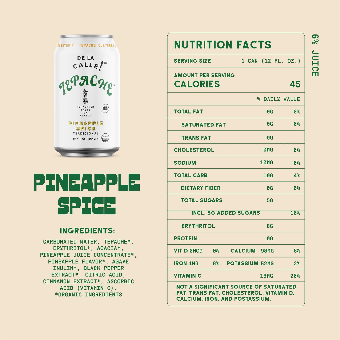 De La Calle Tepache - Pineapple Spice - Modern Mexican Soda - Craft Fermented Pineapple Sparkling Beverage - Certified Organic, Antioxidant Rich, Non- Ic, Healthy Soda, Low Sugar, Low Calorie, Non-Gmo