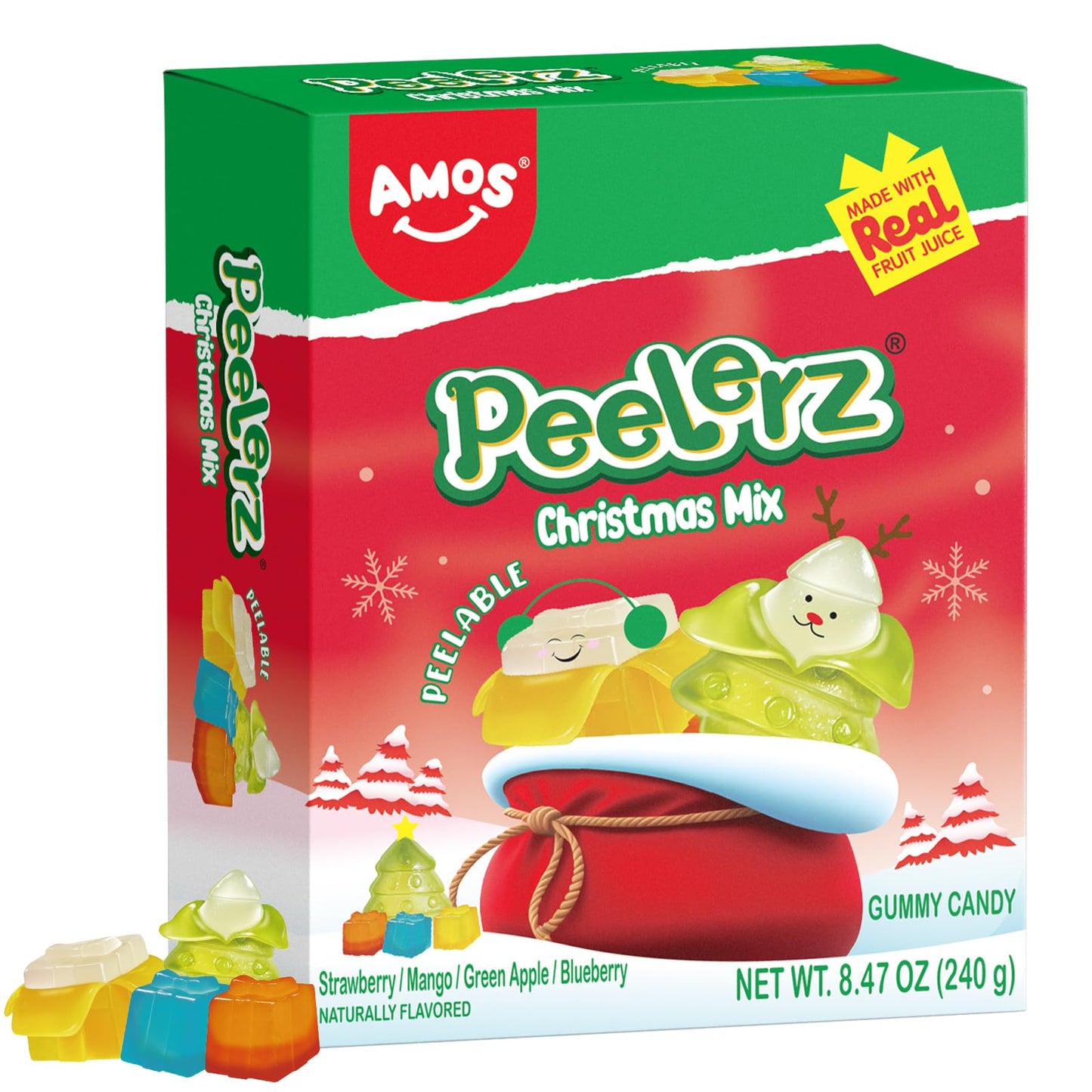AMOS Peelerz Christmas Mix Peelable Gummy Candy 8.47oz (240g), Holiday Fruit Gummies Made with Real Fruit Juice, Fun Stocking St