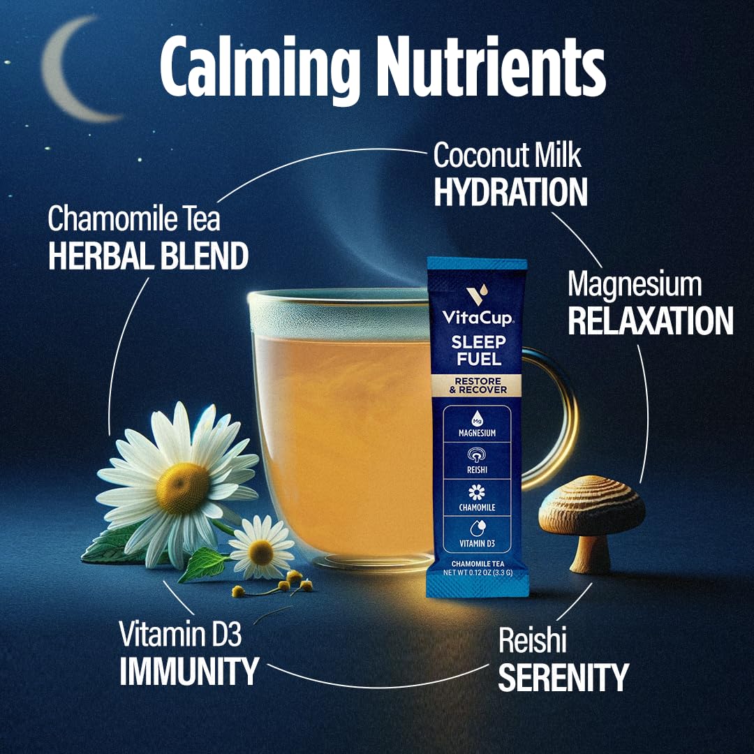 Vitacup Sleep Fuel Instant Tea Packets For Deep Rem Sleep, Relax & De-Stress W/Chamomile, Magnesium, Vitamin D3, Coconut Water,