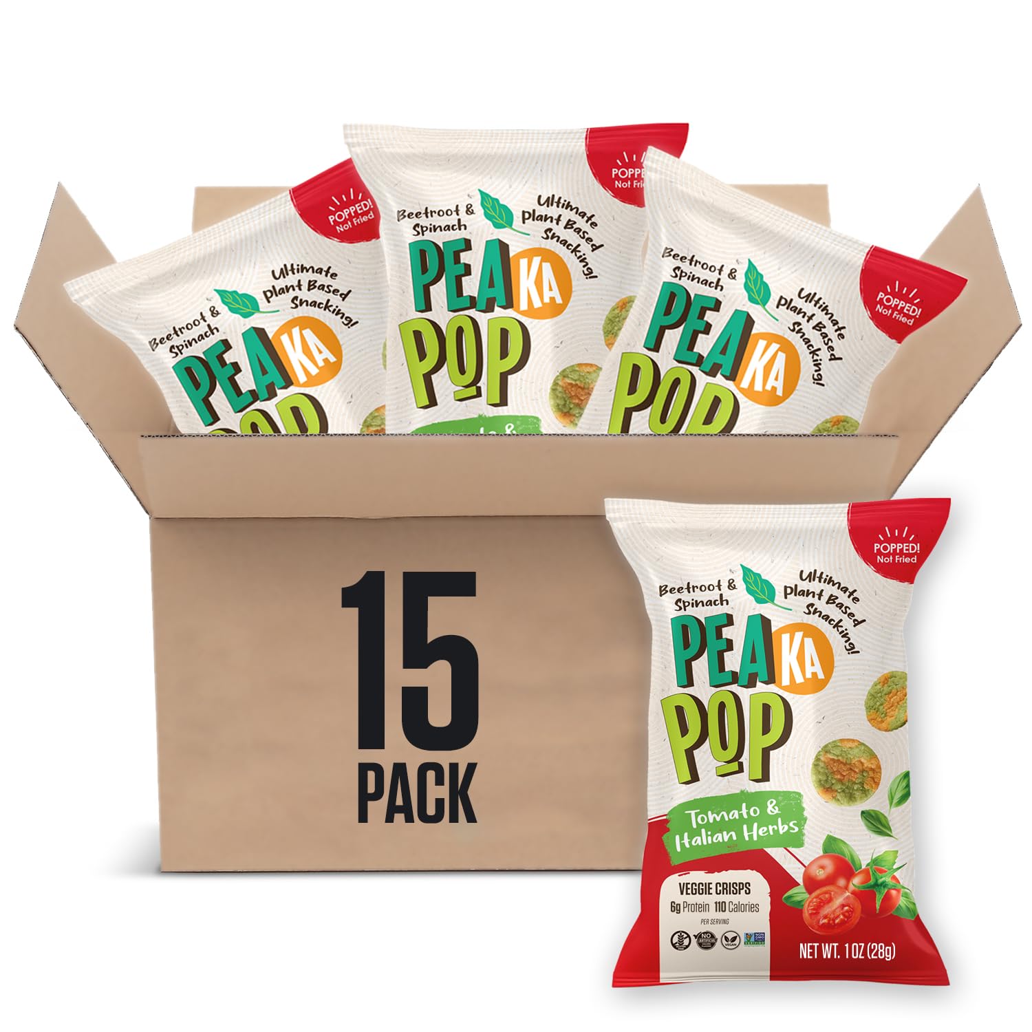 PEAKAPOP Veggie Chips – Plant-Based Popped Snack – Vegan, Gluten-Free – 1 oz Bags (15-Pack) – Tomato & Italian Herbs