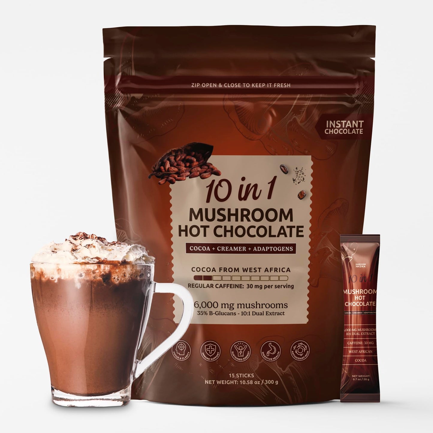 MATCHA DNA Mushroom Hot Chocolate - 10 Mushrooms Blend - Instant Drink - 10.58 oz - 15 Sachets