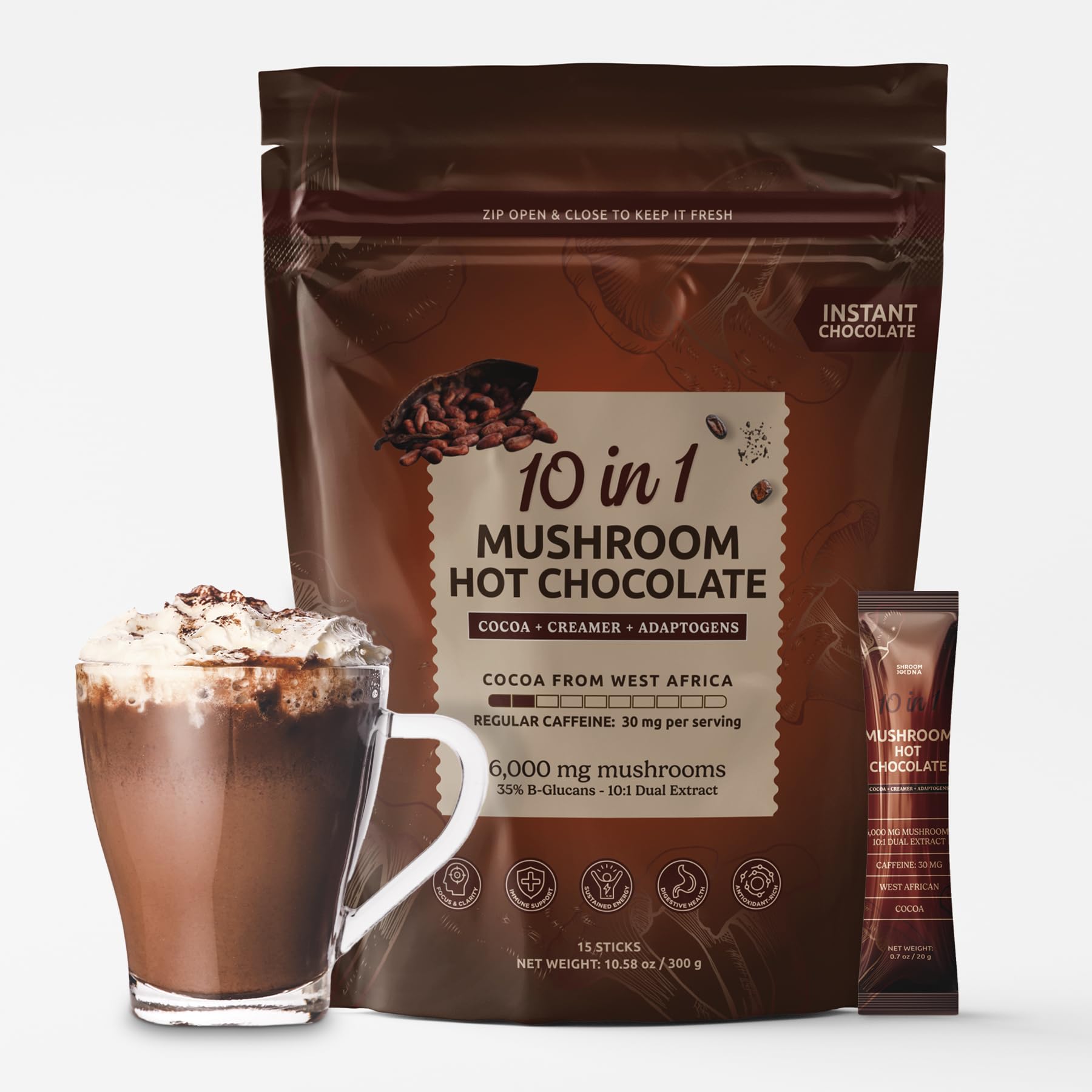 MATCHA DNA Mushroom Hot Chocolate - 10 Mushrooms Blend - Instant Drink - 10.58 oz - 15 Sachets