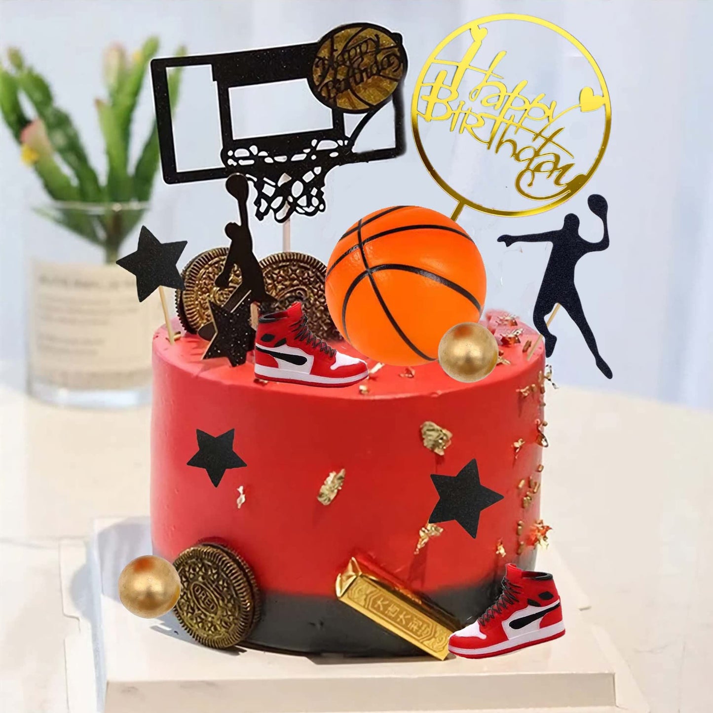 Basketball Cake Topper, 19Pcs Basketball Cake Toppers With Sneakers Star Gold Balls For Boys Men Birthday Party Cake Decorations