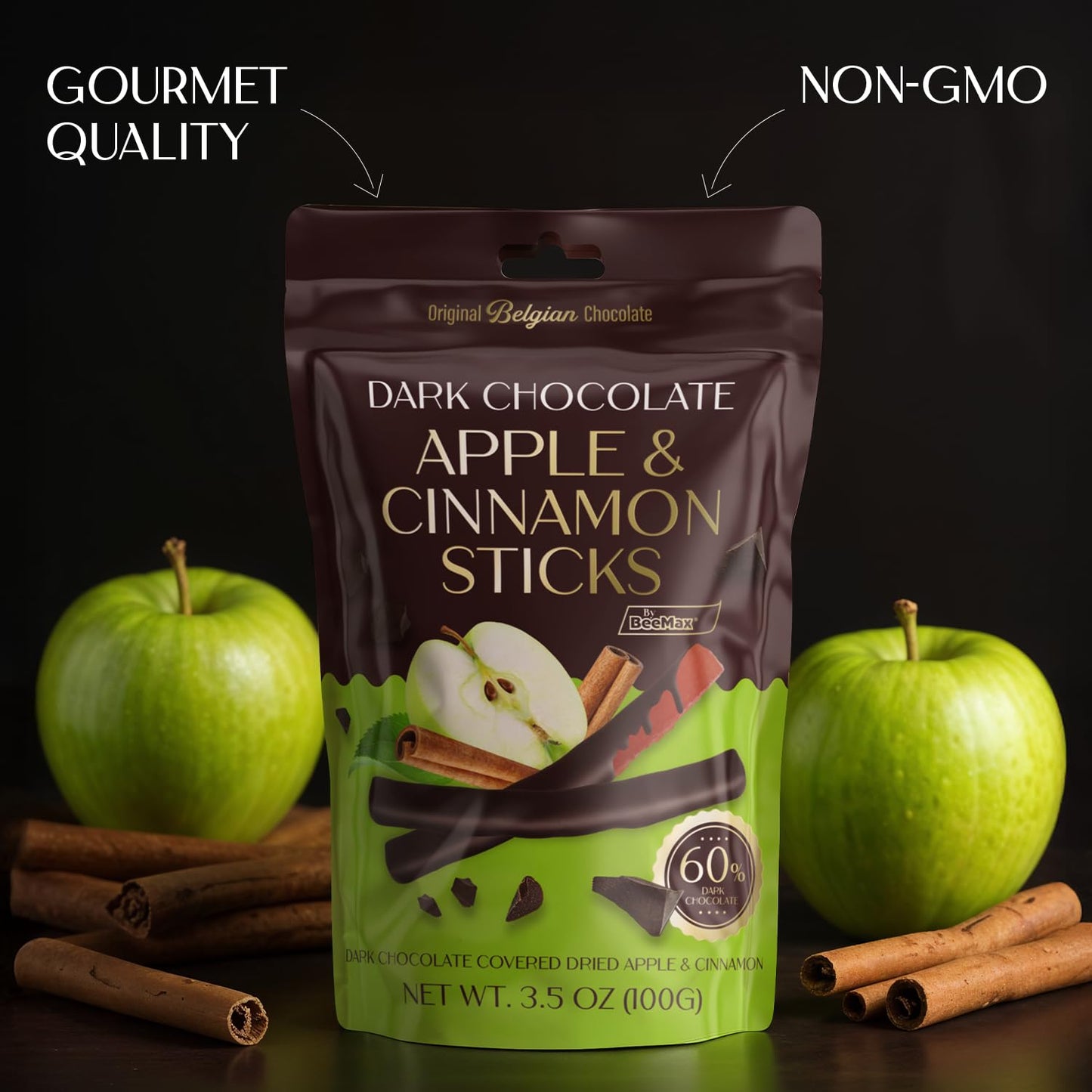 Belgian Chocolate Covered Fruit Sticks - Gourmet Covered Dried Fruit, 3.5 Oz Resealable Pouch, Non-Gmo, Perfect Treat For Chocolate Lovers (Dark Chocolate, Apple)