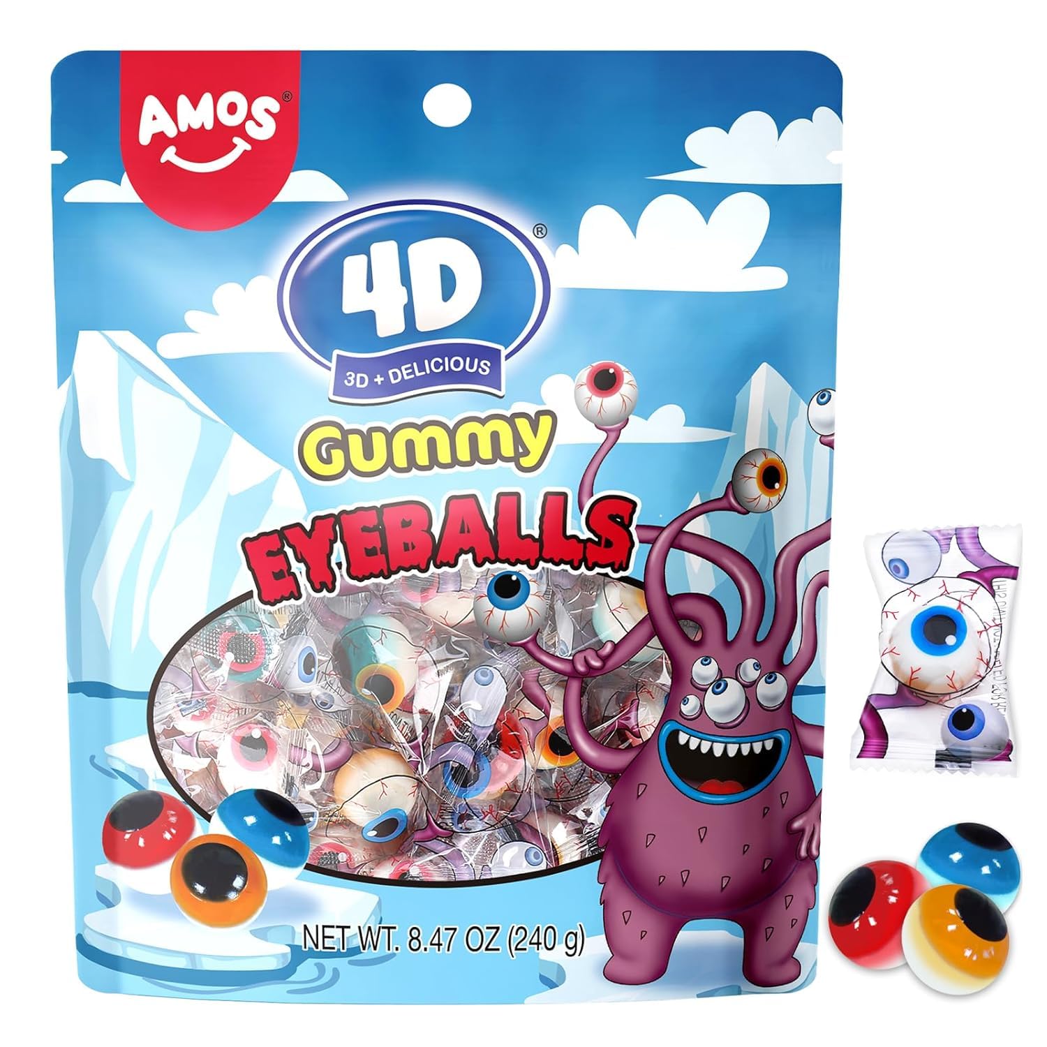 Amos 4D Gummy Eyeball Candy, Individually Wrapped 3D Eyeballs Shaped, Perfect Treat for Kids Parties Gift(40 Count) (8.47oz (New