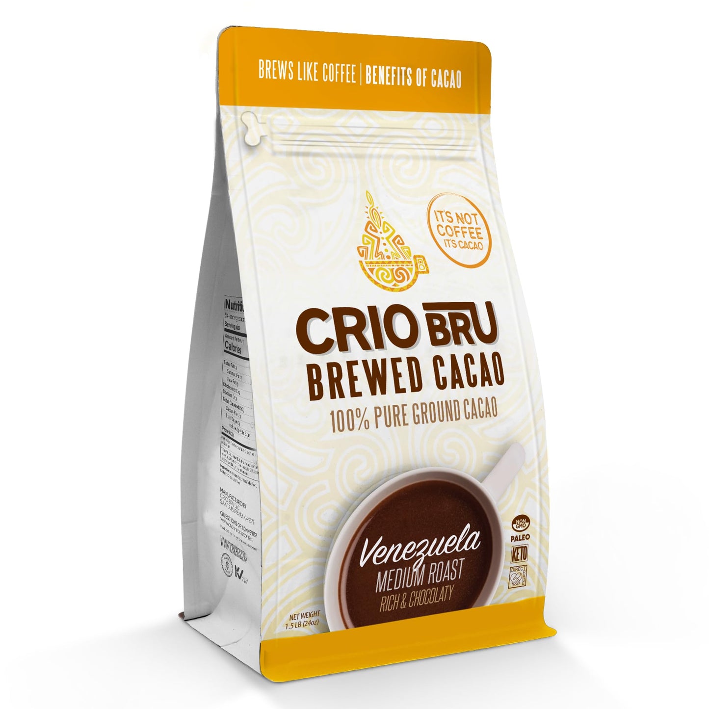 Crio Bru Brewed Cacao Venezuela Medium Roast Coffee Alternative 100 Percent Pure Cacao Beans 99 Energy Blend Free 24 Ounce Non Organic