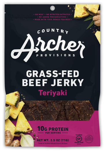 Country Archer Grass Fed Beef Jerky - Beef Jerky Snack Pack, Teriyaki Beef Jerky Bulk, Individual Beef Jerky Pack, Gluten Free P