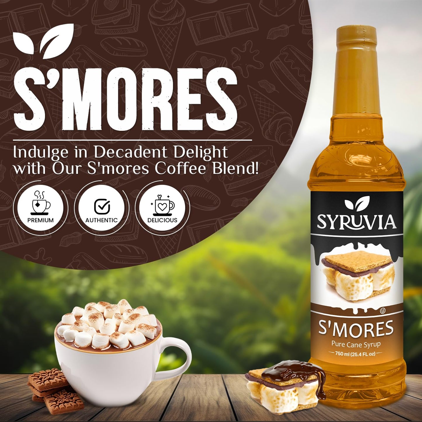 Syruvia Smores Syrup - Smores Coffee Syrup Flavor, 25.4 Fl Oz, Kosher, Gluten Free, Perfect For Coffee, Drinks, Soda, Desserts,