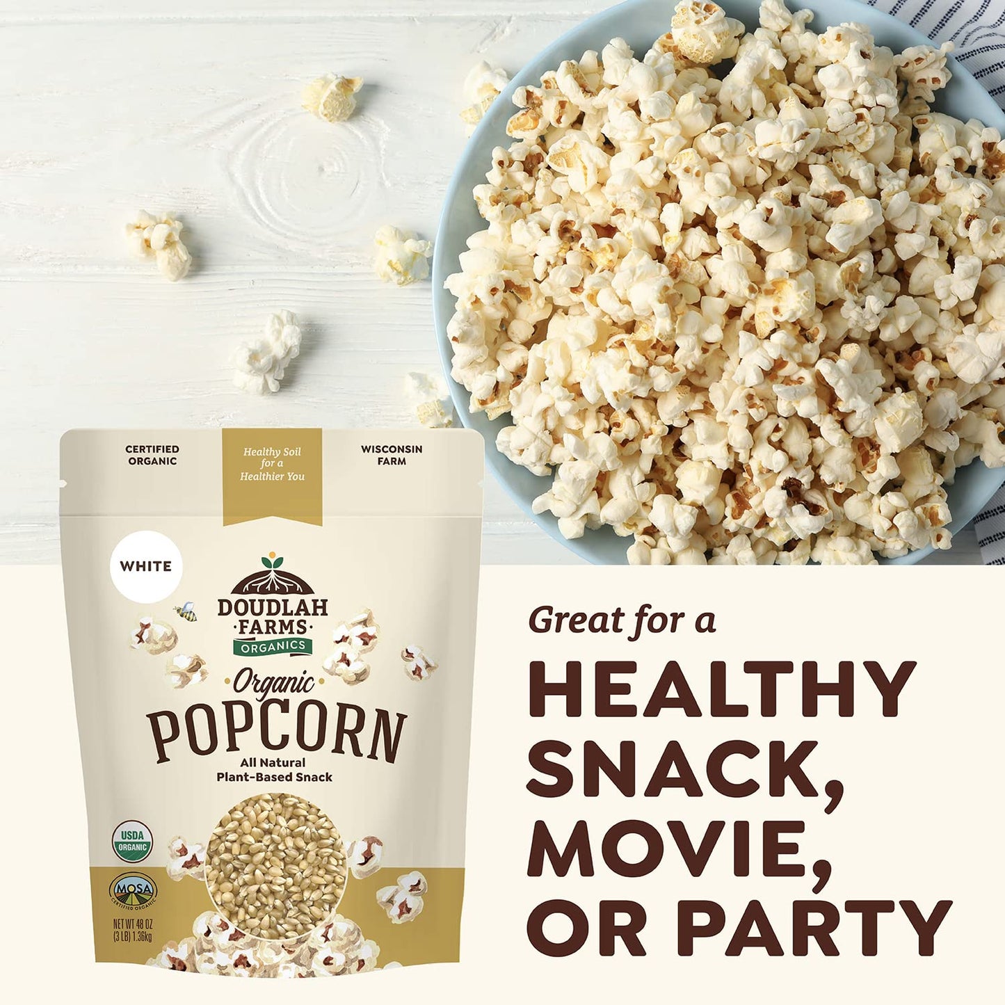 Doudlah Farms Organic White Popcorn Kernels - Gluten-Free, Non-GMO, 25lb Bulk