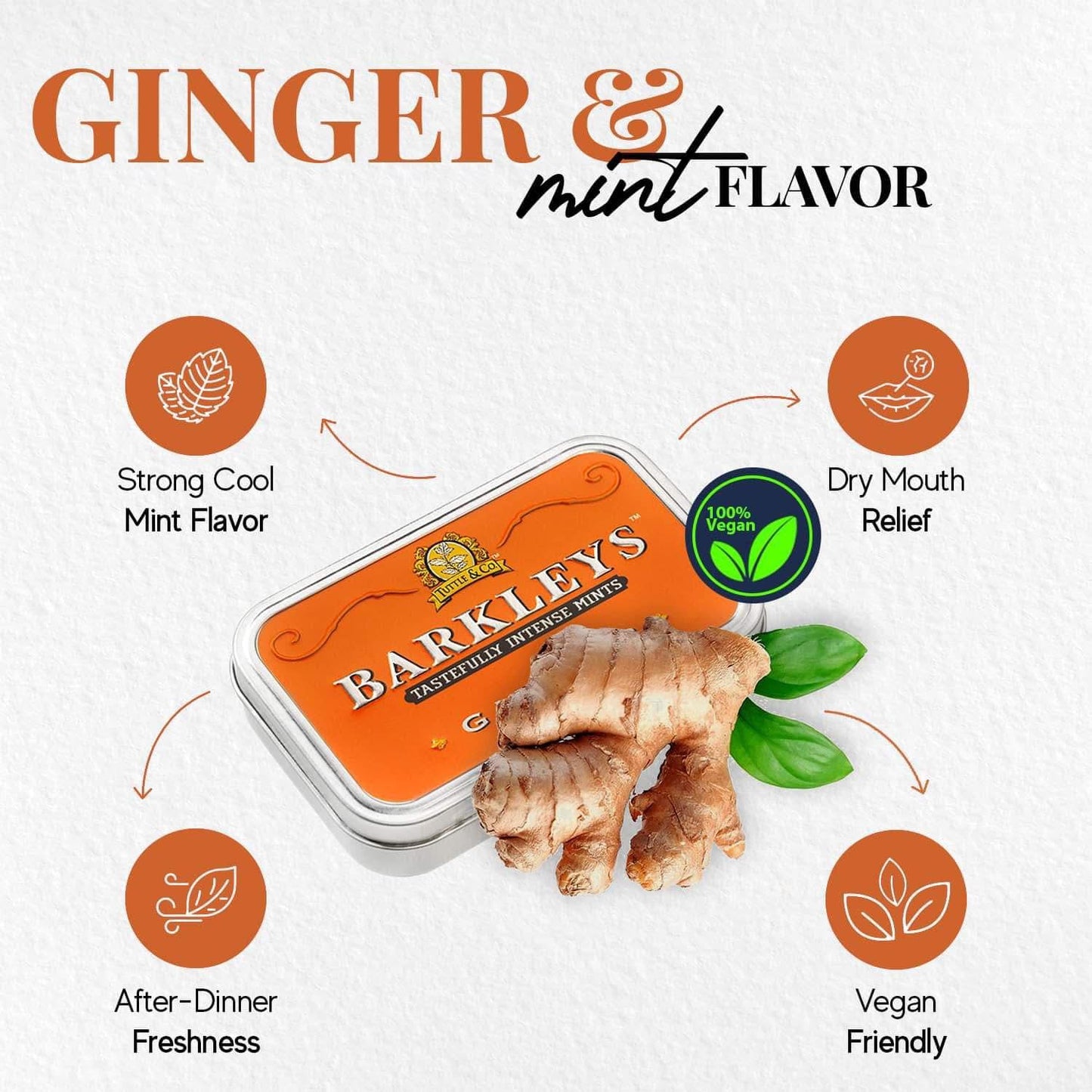 Barkleys Ginger Breath Mints - Vegan Cool Mint Candy - 50 Count - 1 Pack - Classic Travel Tin