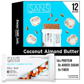 Sans Meal Replacement Protein Bar, Gluten Free, Healthy High Protein Snacks, High Fiber, No Sugar Added, Dairy Free, Soy Free, C