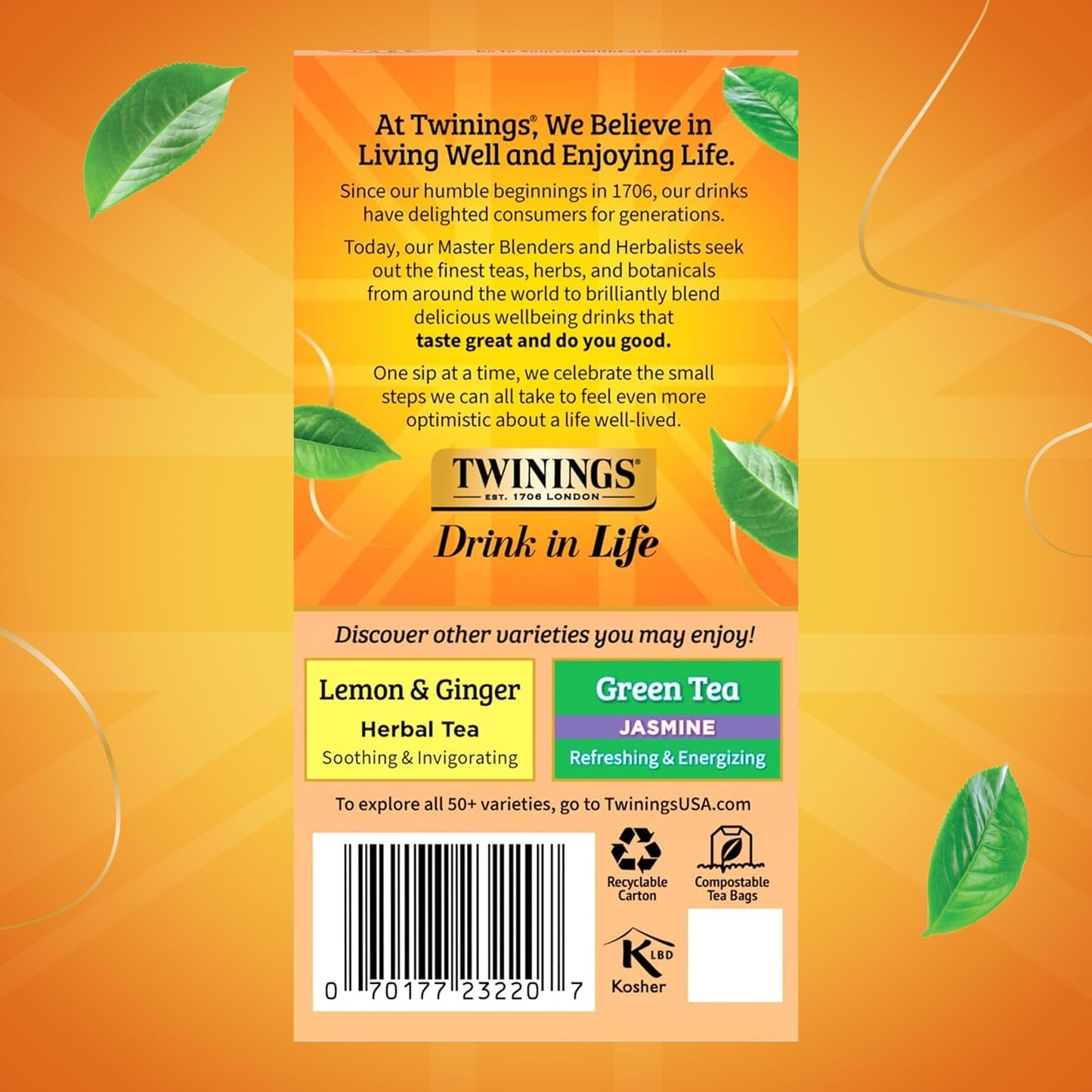Twinings Herbal Tea, Peach & Orange, Caffeine-Free, 20 Teabags, Individually Wrapped, Enjoy Hot or Iced, 20 Count