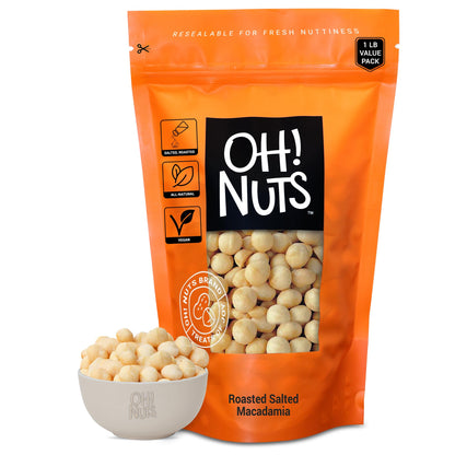 Oh! Nuts Macadamia Nuts - 1 lb - Dry Roasted Unsalted Macadamia Nuts - Oven Roasted - No Oil - Packed in New York Zip-Seal Bag f
