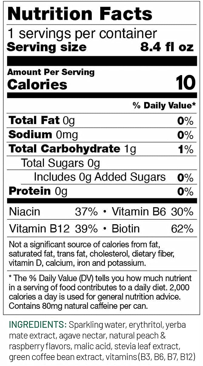 Virtue Yerba Mate, Peach & Raspberry - Natural Energy Drink - Sugar Free, Zero Calories, 8.4 oz (Pack of 12)