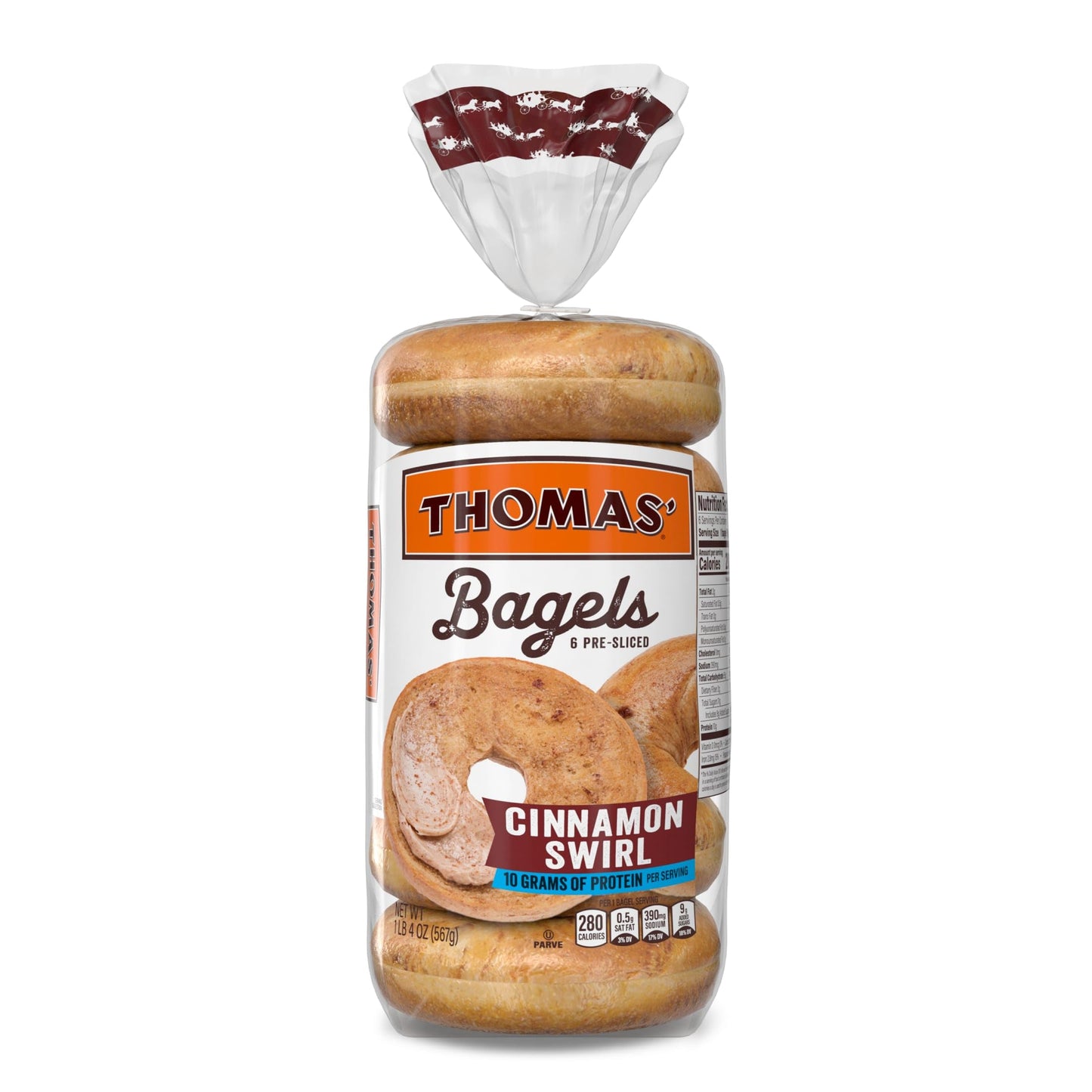 Thomas Cinnamon Swirl Bagels  6 count  (3.33 oz each)  10g Protein  Kosher Cinnamon Bagels  20 oz Bag