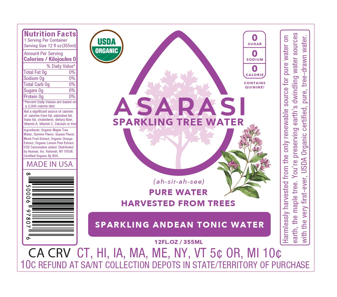Asarasi Organic Sparkling Andean Tonic Tree Water - 12 Pack