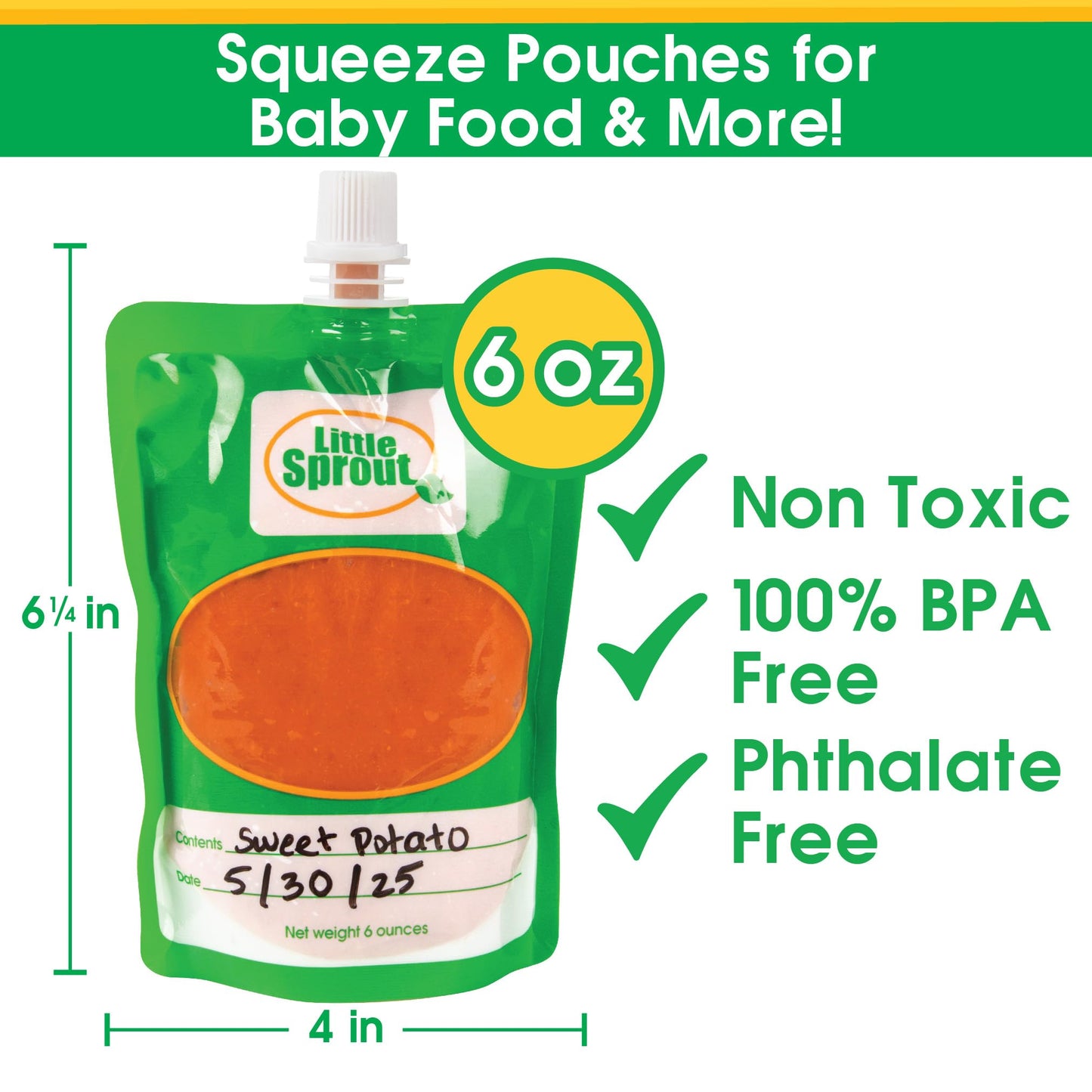 Disposable 6Oz Baby Food Storage Pouch Containers, 24 Pk- Write What You Want Squeezable Pouches- Make Homemade Organic Food For