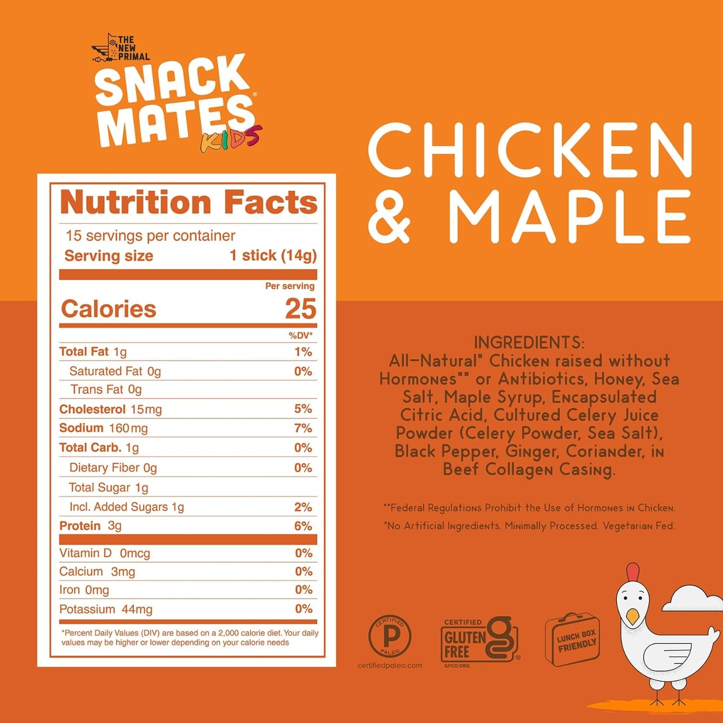 The New Primal Chicken & Maple Snack Mates, Gluten Free, Low Sugar, High Protein Jerky Sticks, 15 Count