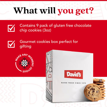 Davids Cookies Gluten-Free Chocolate Chip Cookies 9-pack - Gourmet Cookies with No Added Preservatives - Fresh Bakery Dessert -