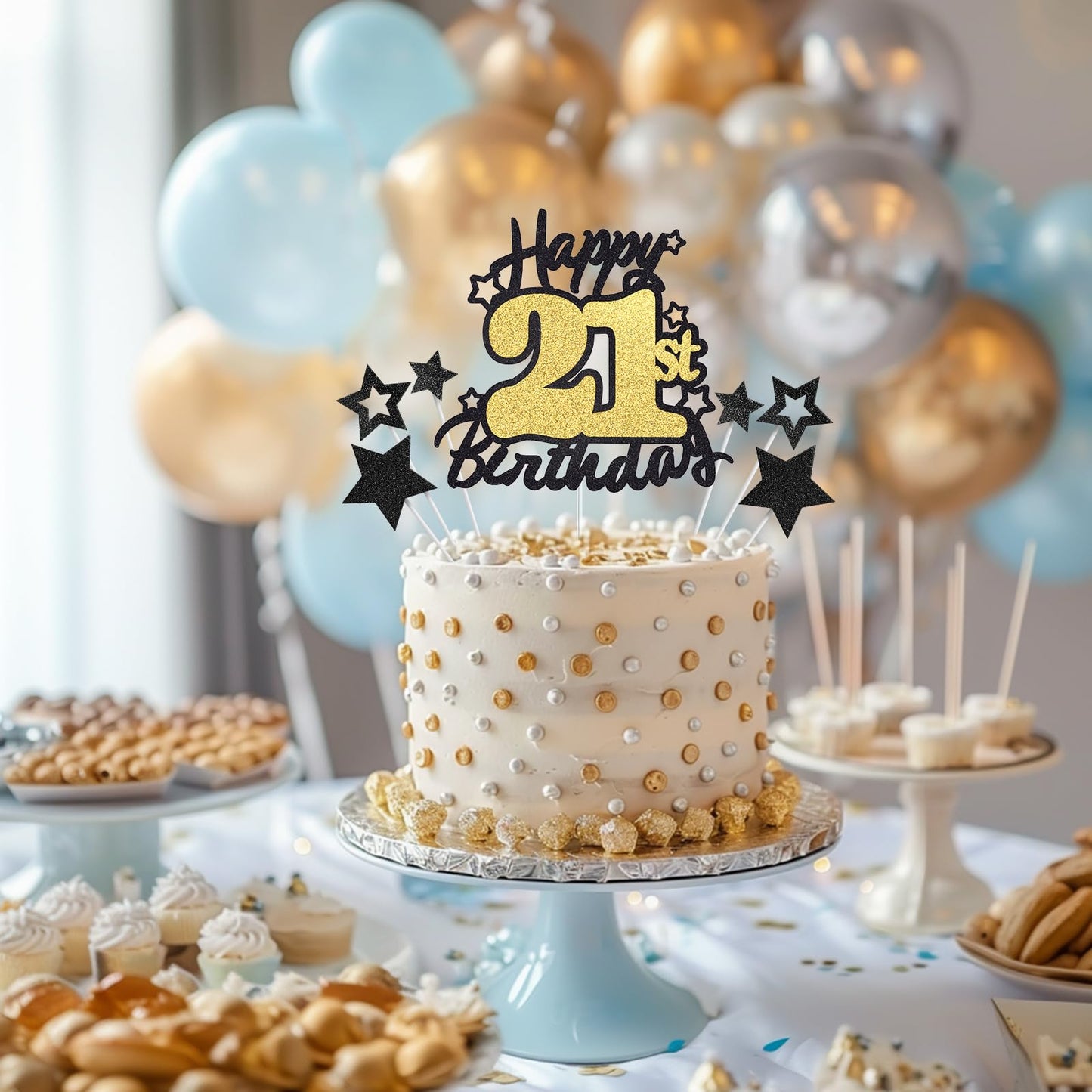 Happy 21St Birthday Cake Topper, Black And Gold Glitter Cake Toppers, 21 Year Birthday Party Cake Decoration