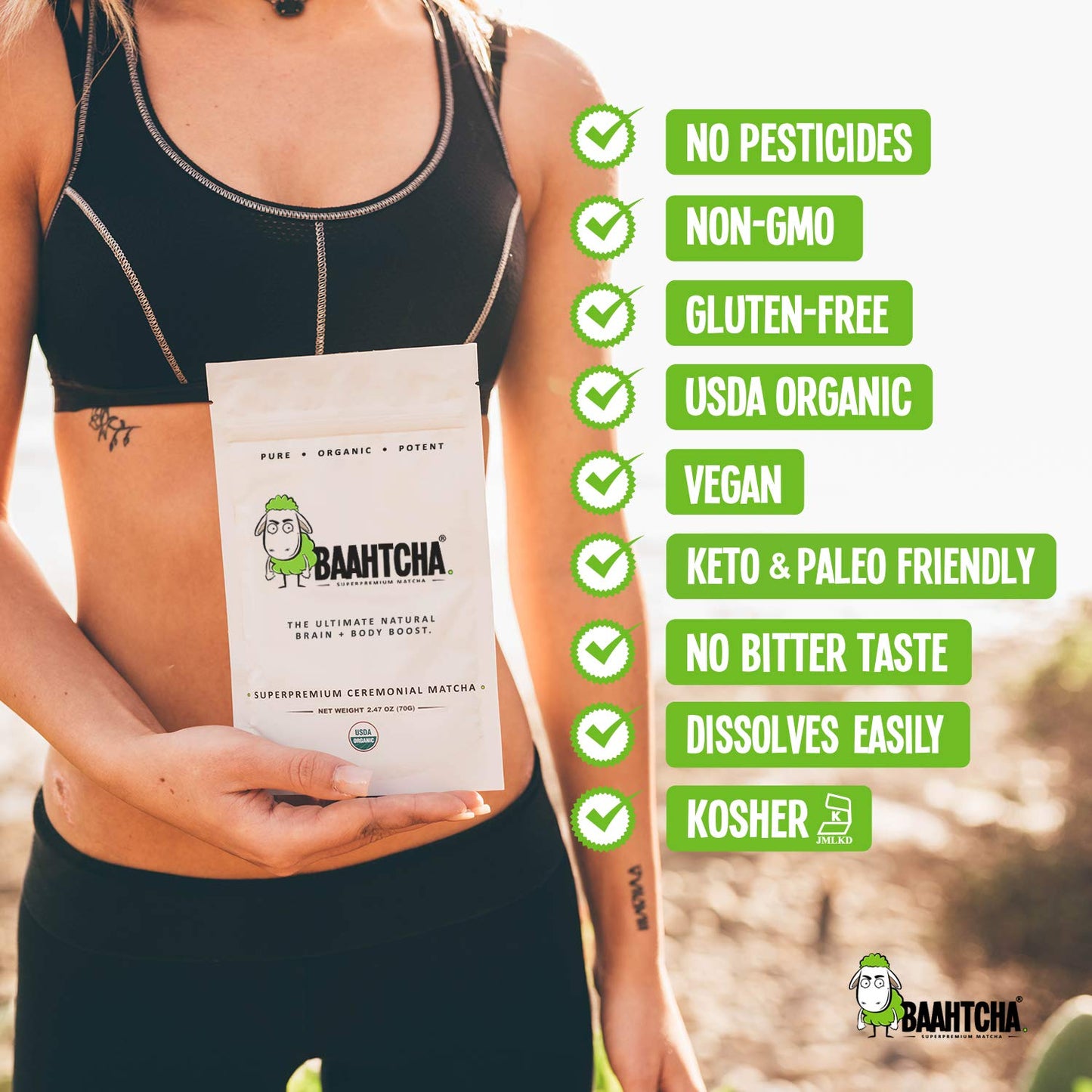 BAAHTCHA Organic Matcha Green Tea Powder - Premium Ceremonial Grade - 70g (2.47 Ounce) - Natural Caffeine Energy Drink Mix