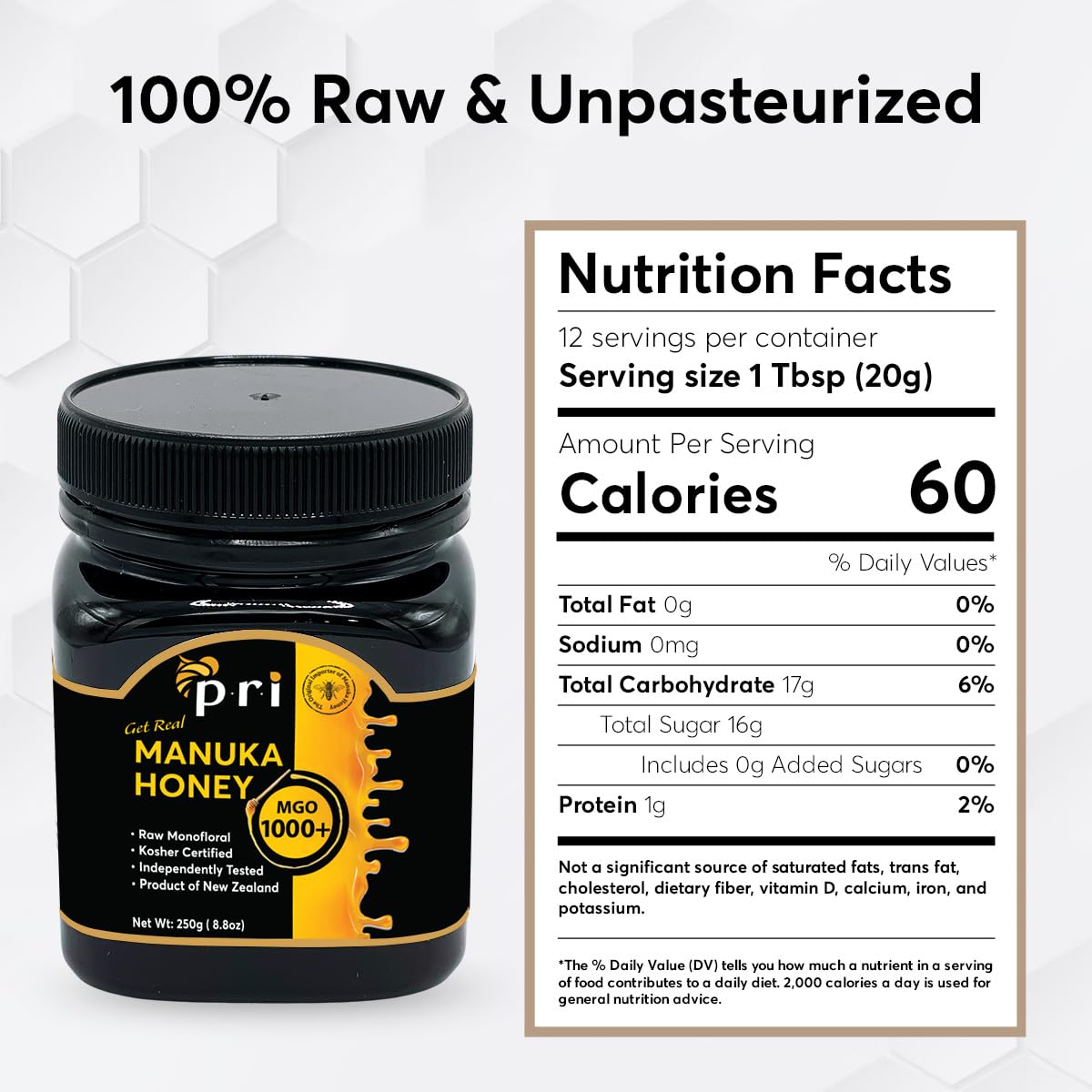 P.R.I Manuka Honey, Certified Mgo 1000+, New Zealand Raw Monofloral Manuka Honey (8.8 Oz / 250G)