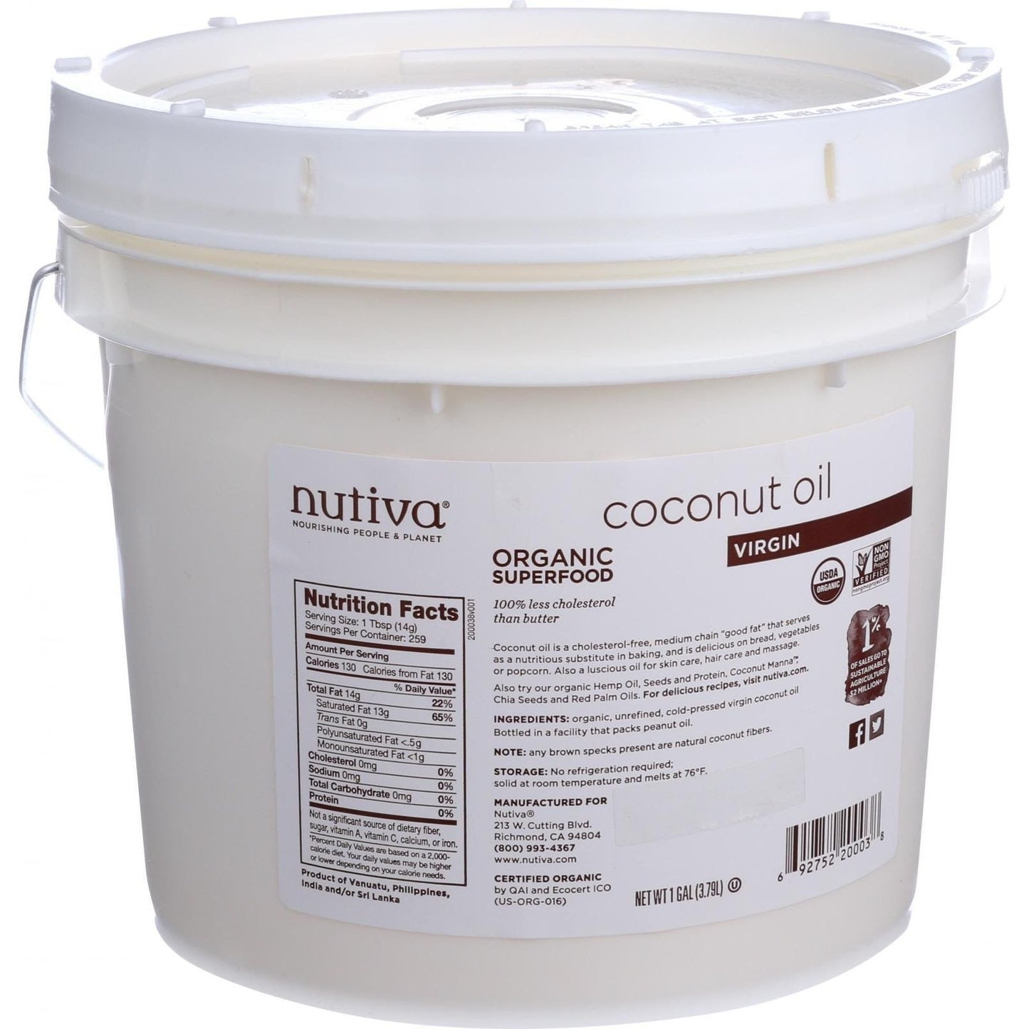 Nutiva Organic, Unrefined, Virgin Coconut Oil, 1-Gallon