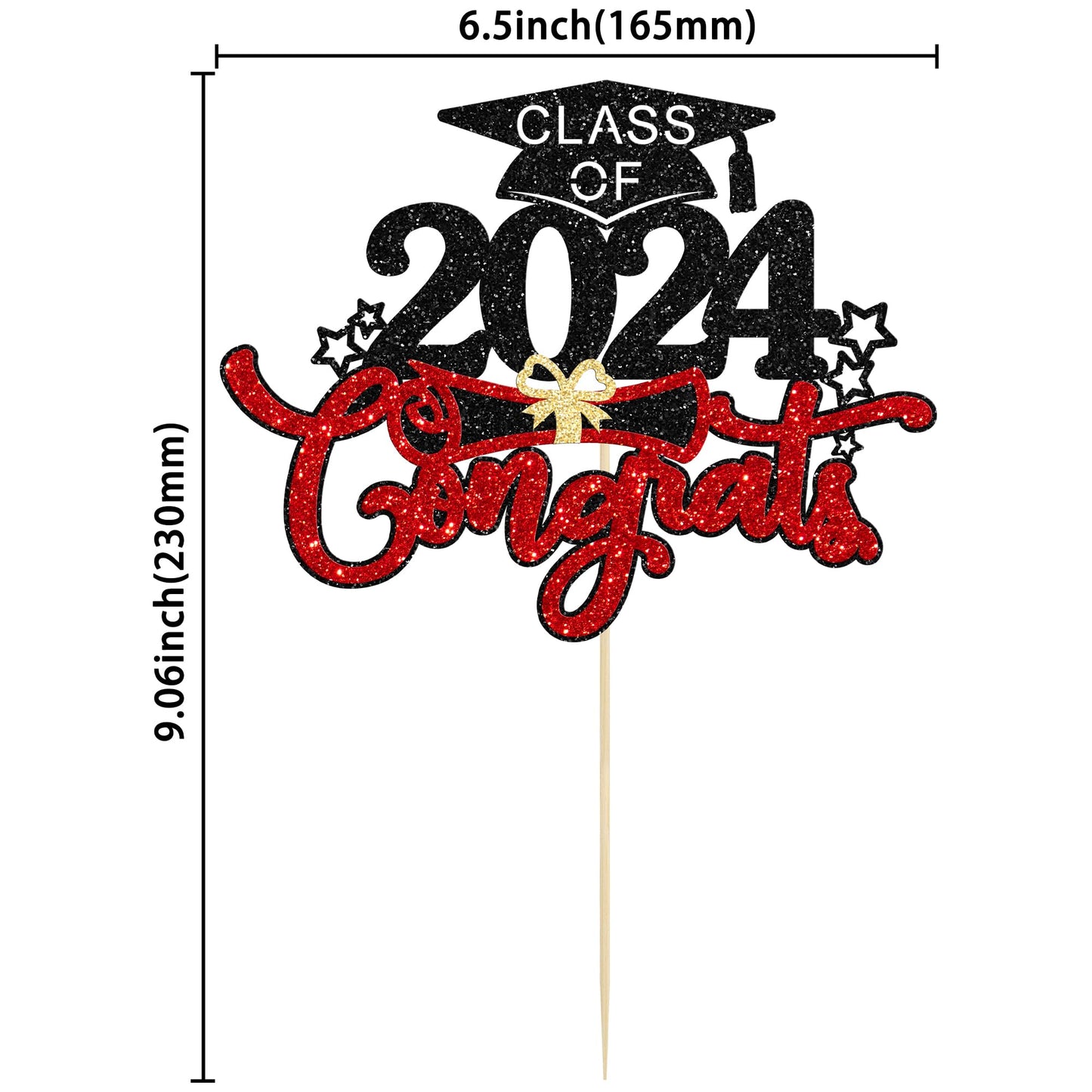 1Pc Congrats Grad 2024 Cake Topper Red Glitter Diploma Graduation Cap Cake Pick Congrats Class Of 2024 Cake Decorations For 2024