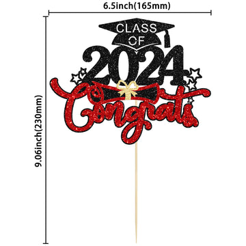 1Pc Congrats Grad 2024 Cake Topper Red Glitter Diploma Graduation Cap Cake Pick Congrats Class Of 2024 Cake Decorations For 2024