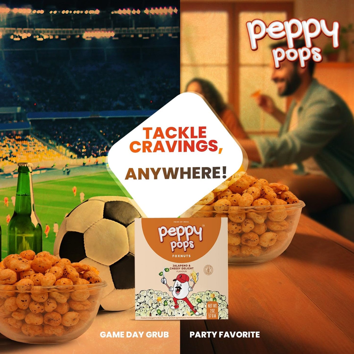 Peppy Pops Jalapeno & Cheesy Delight Foxnuts 2 oz (57 gm) - Spicy Cheesy Puffed Snack - Roasted Indian Makhana - Gluten-Free, Hi