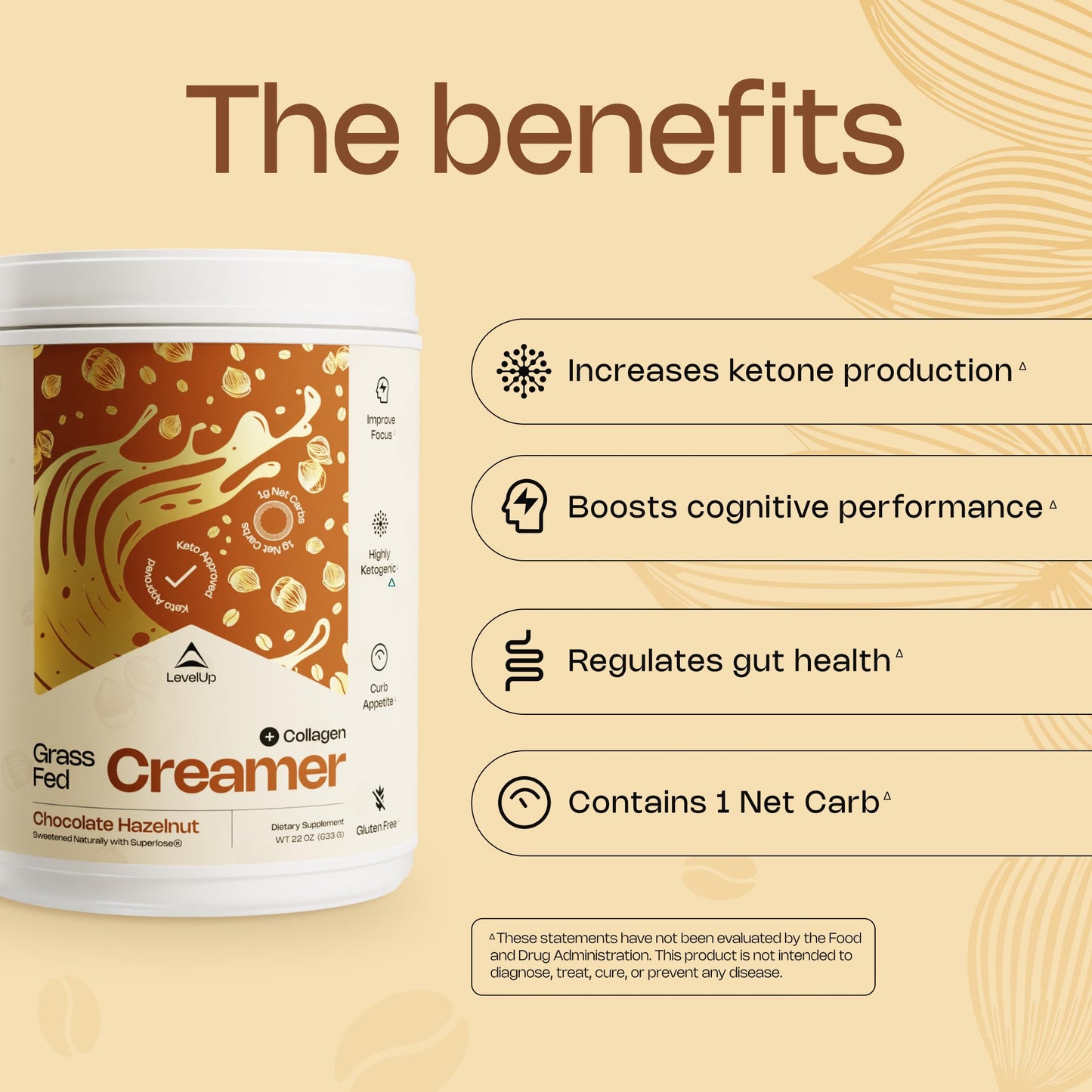 LevelUp Keto Coffee Creamer with MCT Oil & Collagen, 10 Ounce, Chocolate Hazelnut