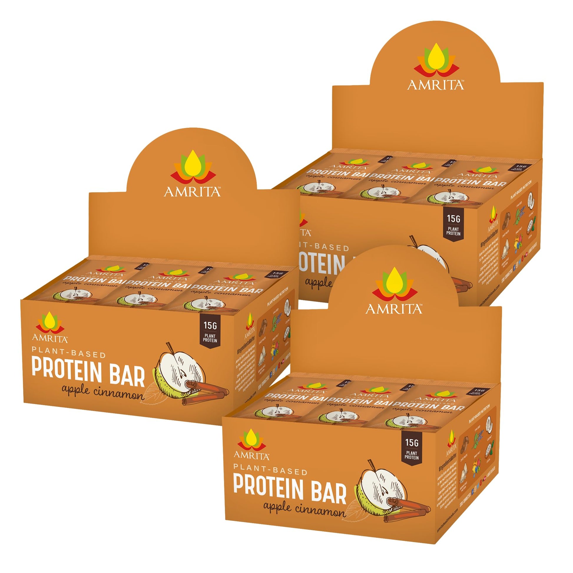 Amrita Apple Cinnamon Vegan Protein Bars, Peanut/Dairy Free, Soy & Gluten Free, 15G Plant Based Protein Bars, High Fiber, Low Su