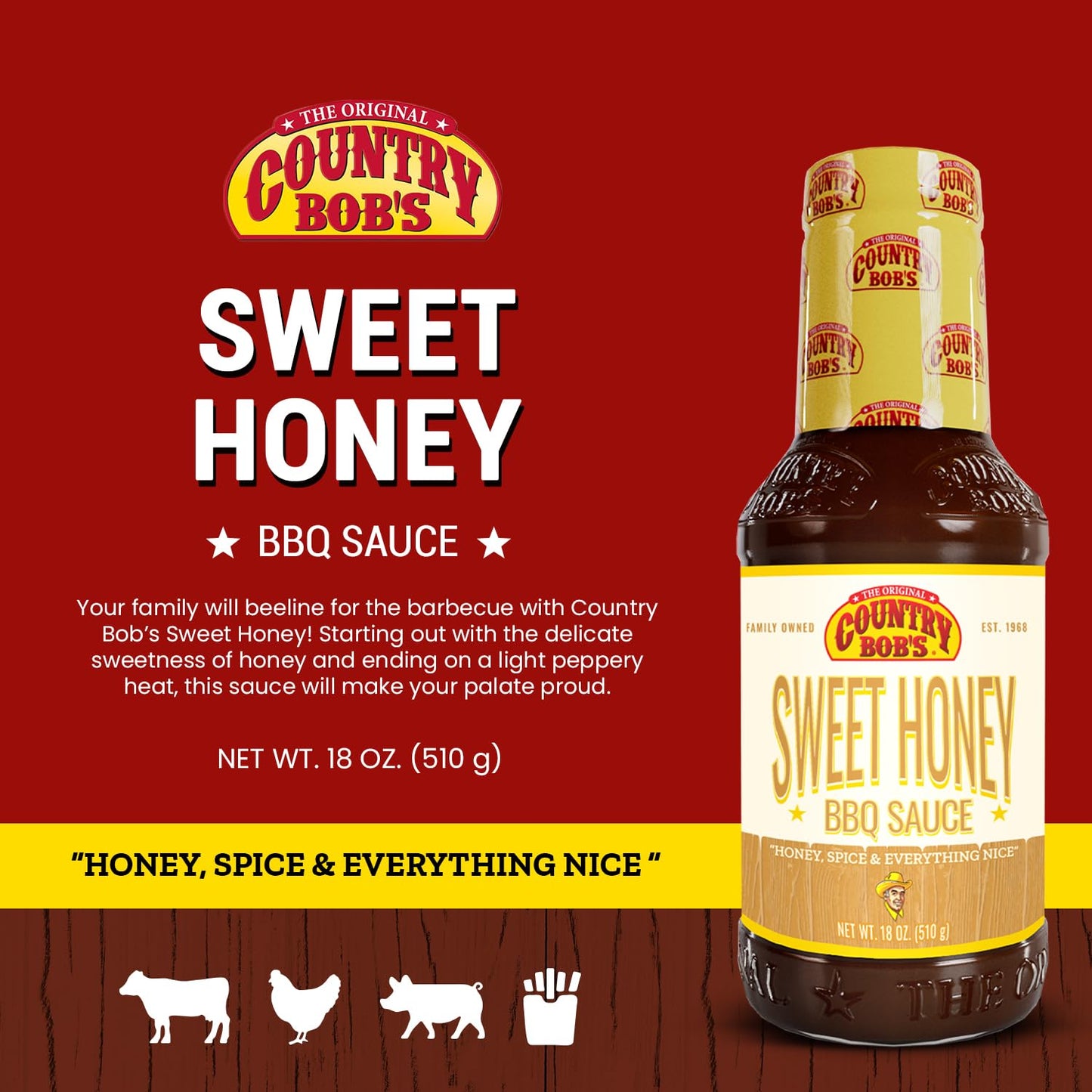 Country Bobs Sweet Honey Barbecue Sauce - Gluten Free BBQ Sauce for Meat & Fish, 18oz, Pack of 2