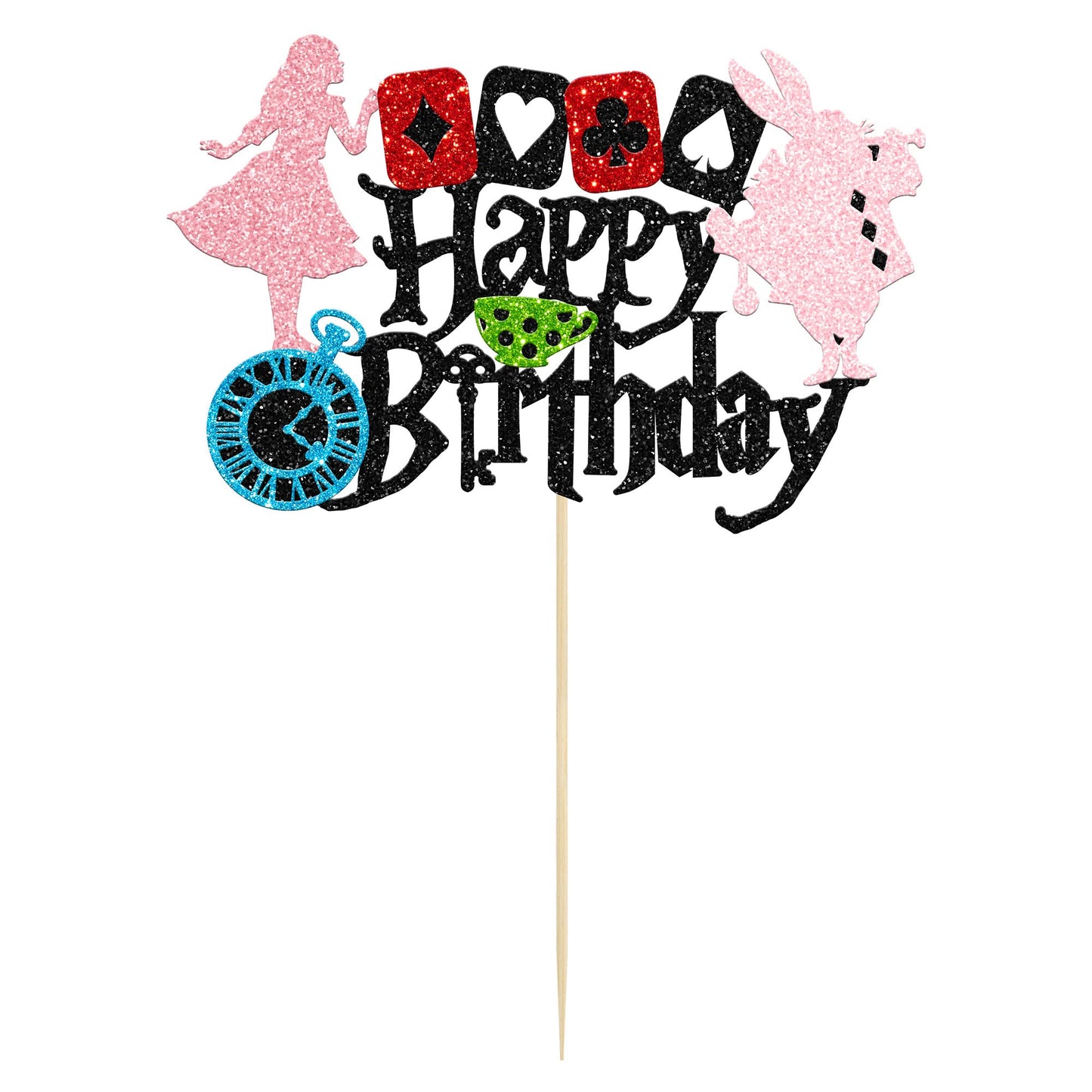Gyufise Cake Topper - Alice in Wonderland Black Glitter Paper, Small Size, Kids Birthday, Baby Shower, Tea Party Decorations