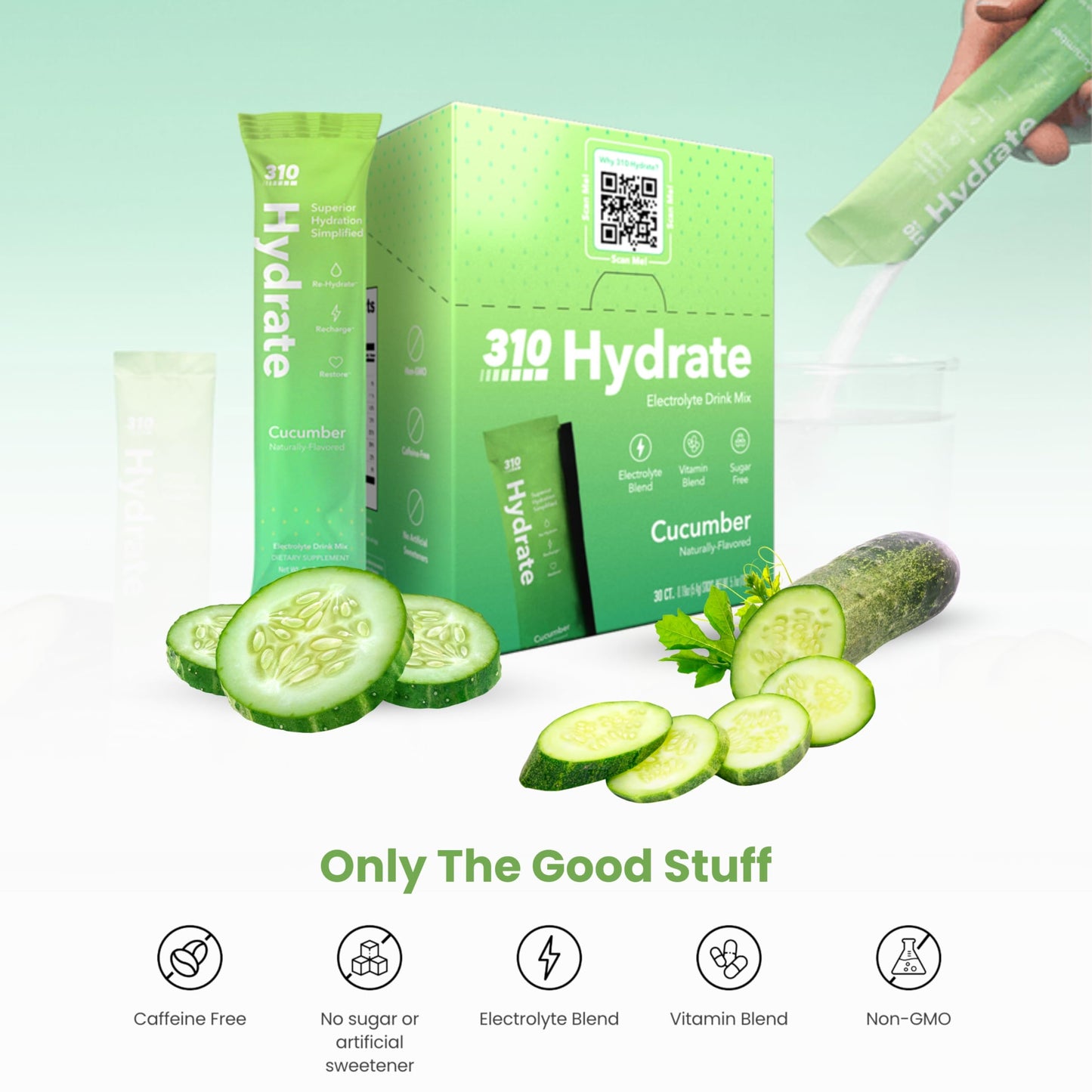 310 Hydrate Cucumber Electrolytes Powder Packets - No Sugar Hydration Packets With Key Vitamins & Minerals - Keto Friendly - Tas