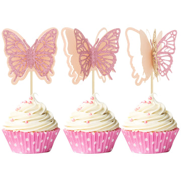 Gyufise 24 Pack Pink Glitter Butterfly Cupcake Toppers 3D Double Layer Pink Butterfly Cake Toppers Butterfly Theme Party Decorat