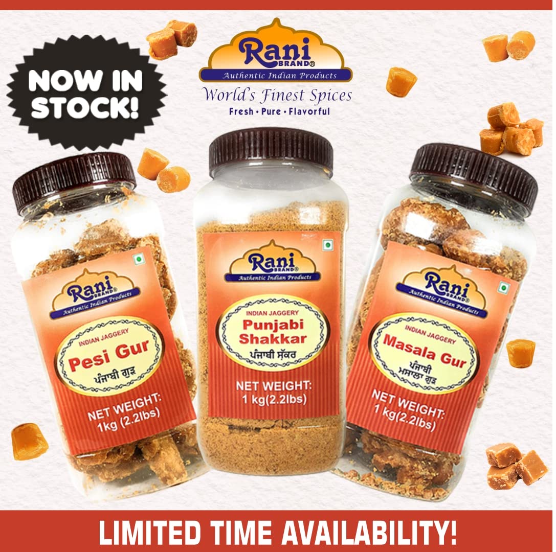 Rani Punjabi Shakkar (Gur Jaggery Powder) Indian Unrefined Raw Cane Sugar 35oz (2.2lbs) 1kg PET Jar ~ Gluten Friendly | Vegan |