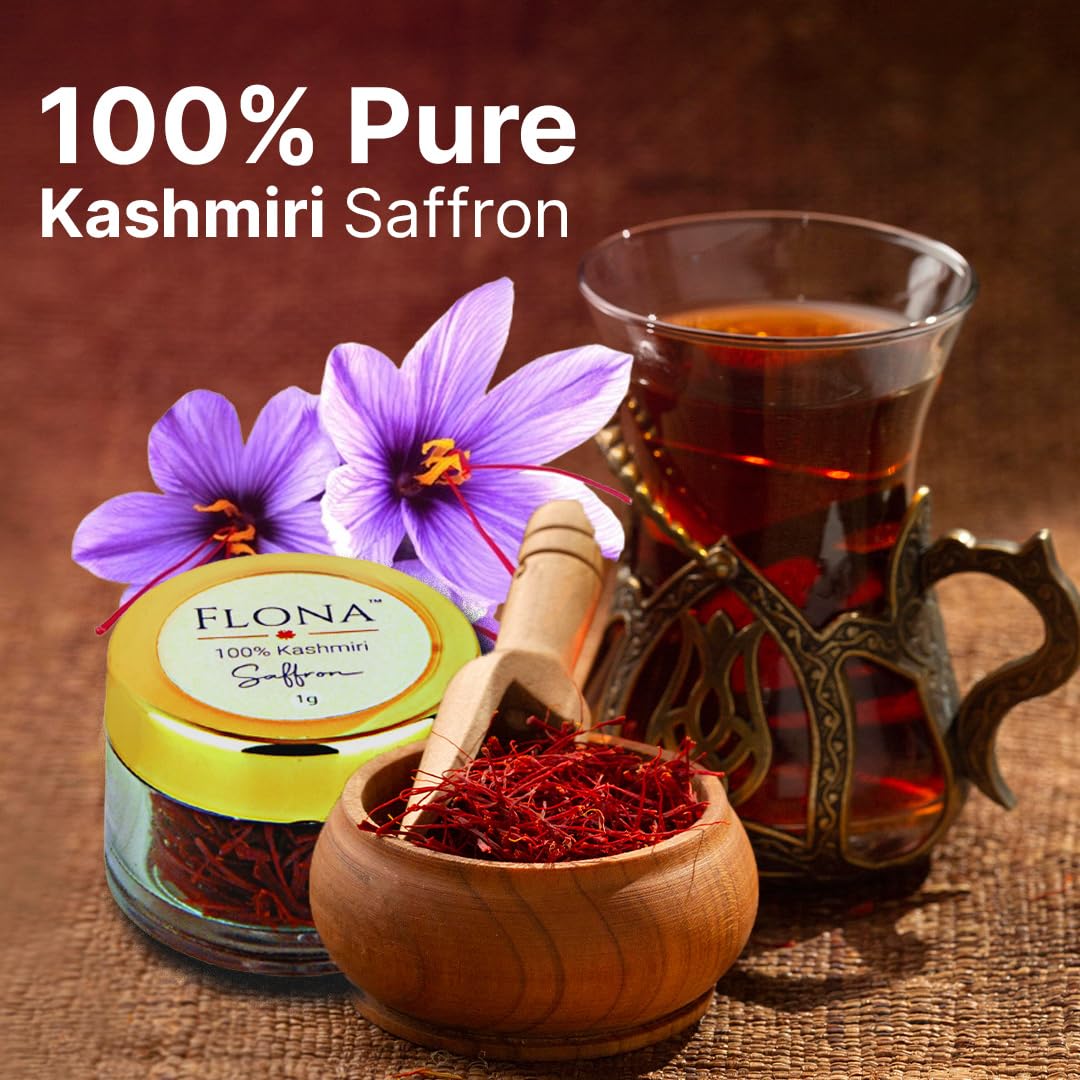 Flona Kashmiri Saffron Threads 1G - 100% Pure & Aromatic Organic Saffron For Cooking, Saffron Tea, Rice & Seasoning, Authentic K