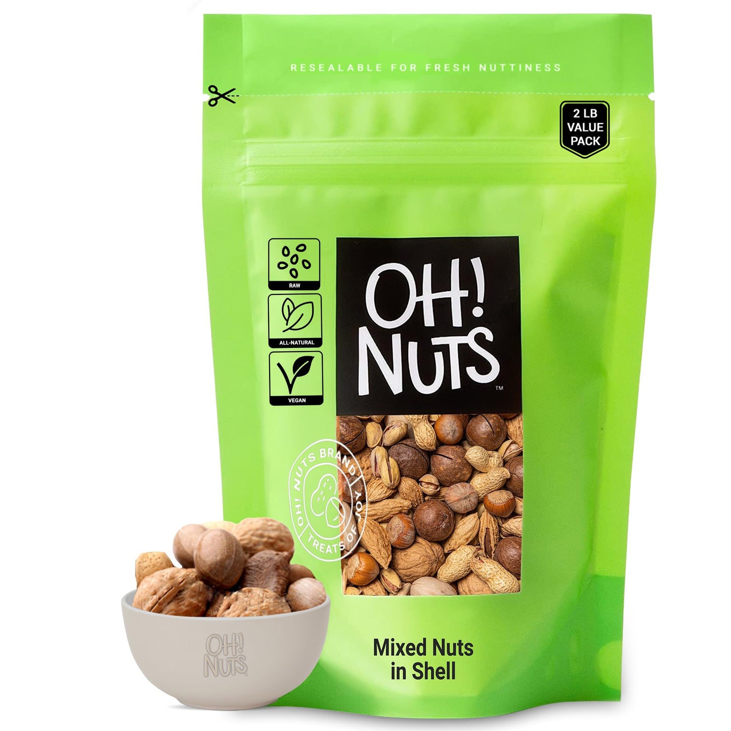 Oh! Nuts Jumbo Raw Mixed Nuts in Shell - 100% Natural - 2 lb - Packed in Zip-Seal Bag for Freshness