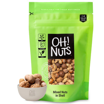 Oh! Nuts Jumbo Raw Mixed Nuts in Shell - 100% Natural - 2 lb - Packed in Zip-Seal Bag for Freshness
