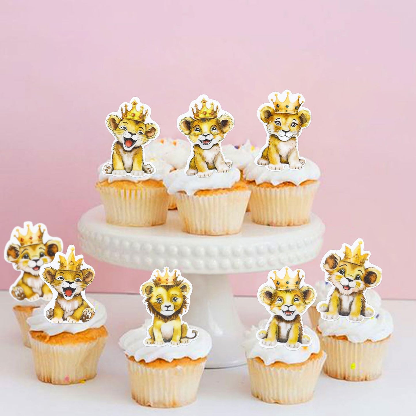 40Pcs Edible Lion Cupcake Toppers Wafer Paper Safari Animal Theme Cake Toppers Decoration For Lion Drink Topper Baby Shower Birt