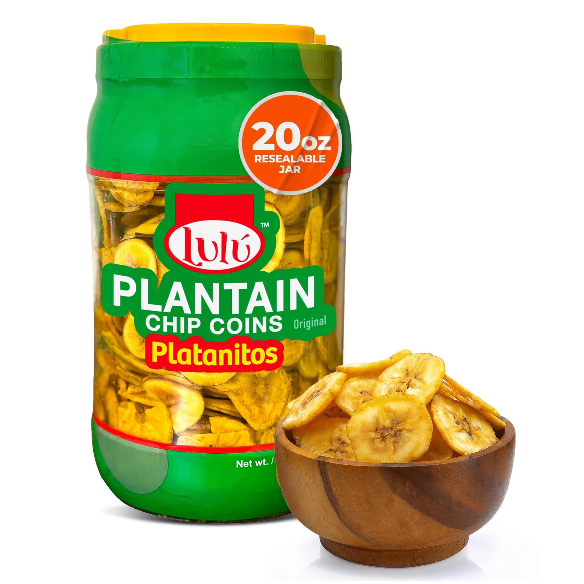 LULU Plantain Chip Coins - Original Flavor, 20 oz Jar - Crunchy Plantain Slices - No Artificial Colors or Preservatives - Ready-