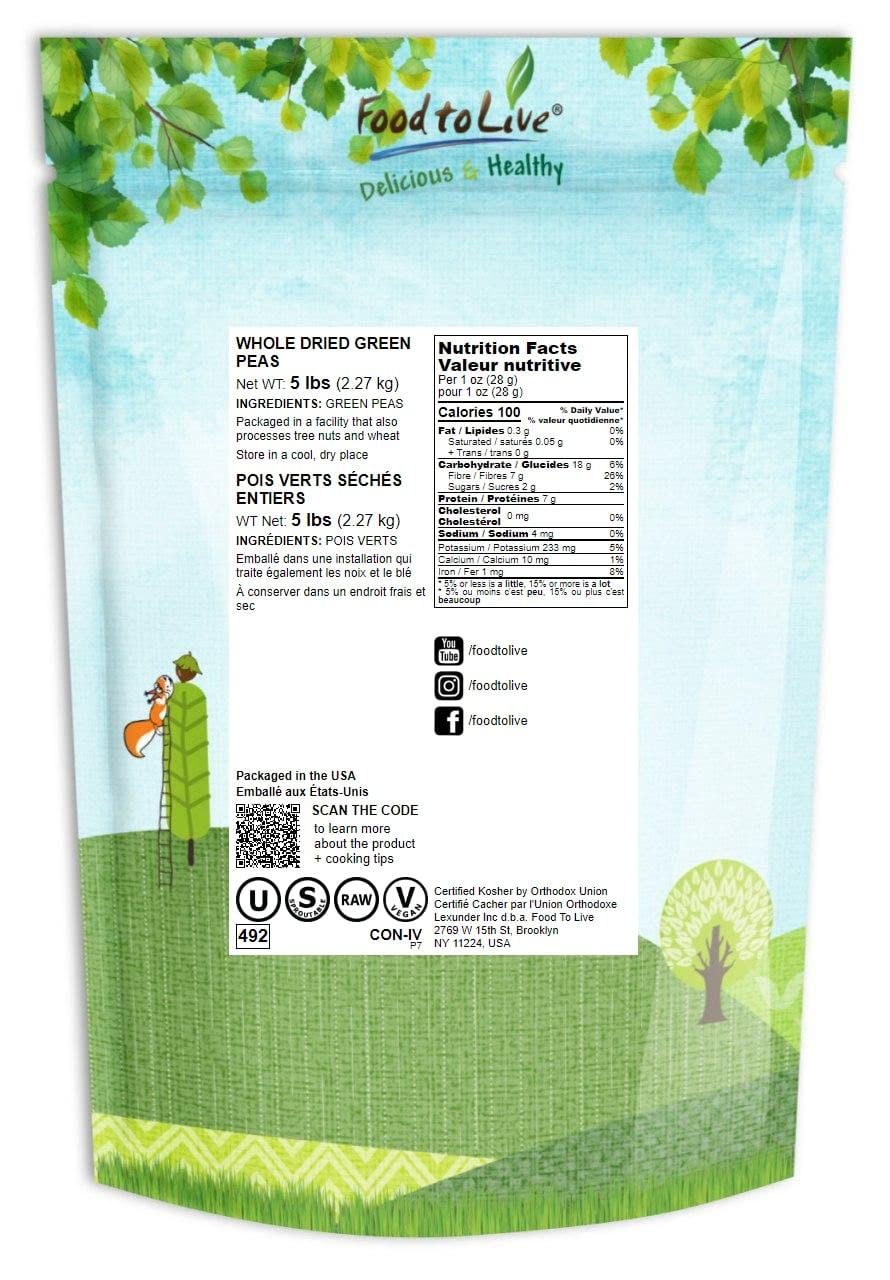 Food to Live Whole Dried Green Peas, Vegan, 5 Pound Bulk, Sproutable, Rich in Protein and Fiber