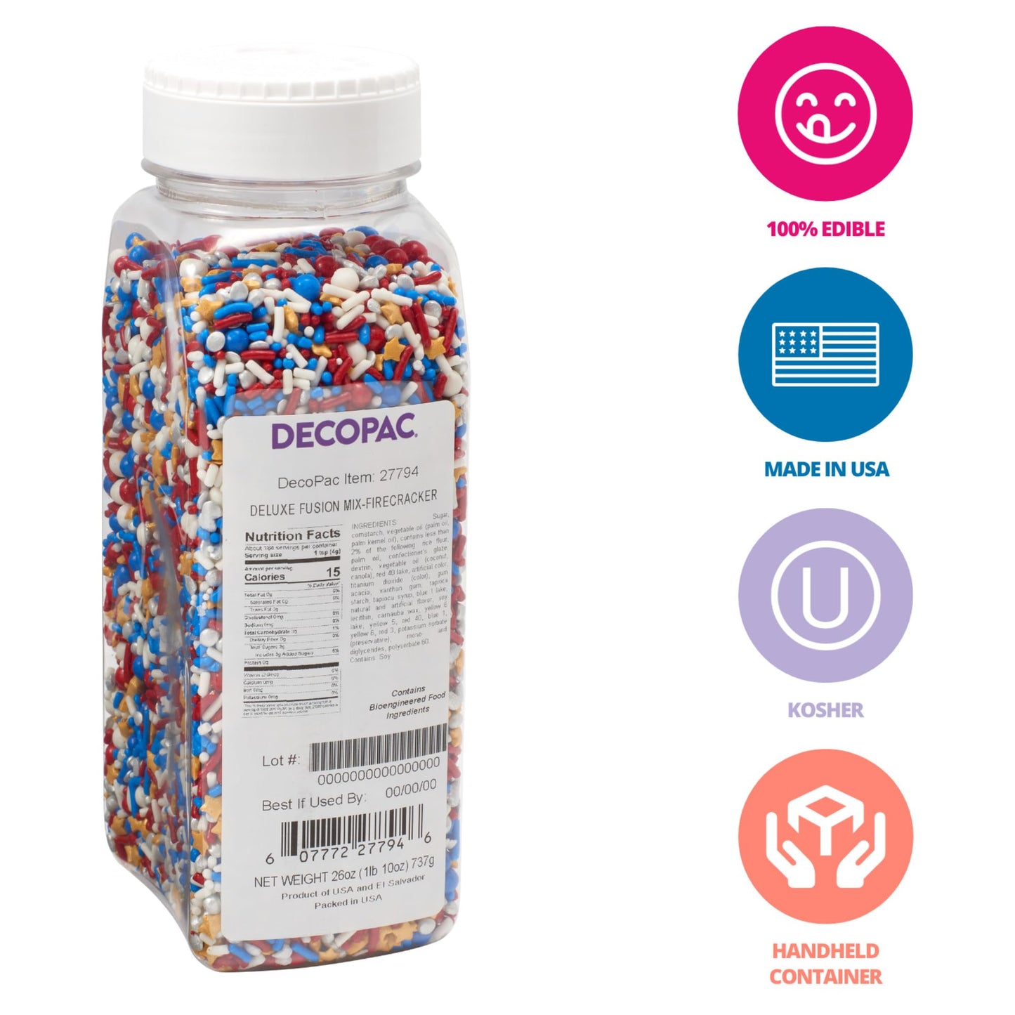 DecoPac   Deluxe Fusion Mix Candy Sprinkles, 26oz, Red, White, and Blue, Edible Sprinkles for Cakes, Cupcakes, Cookies