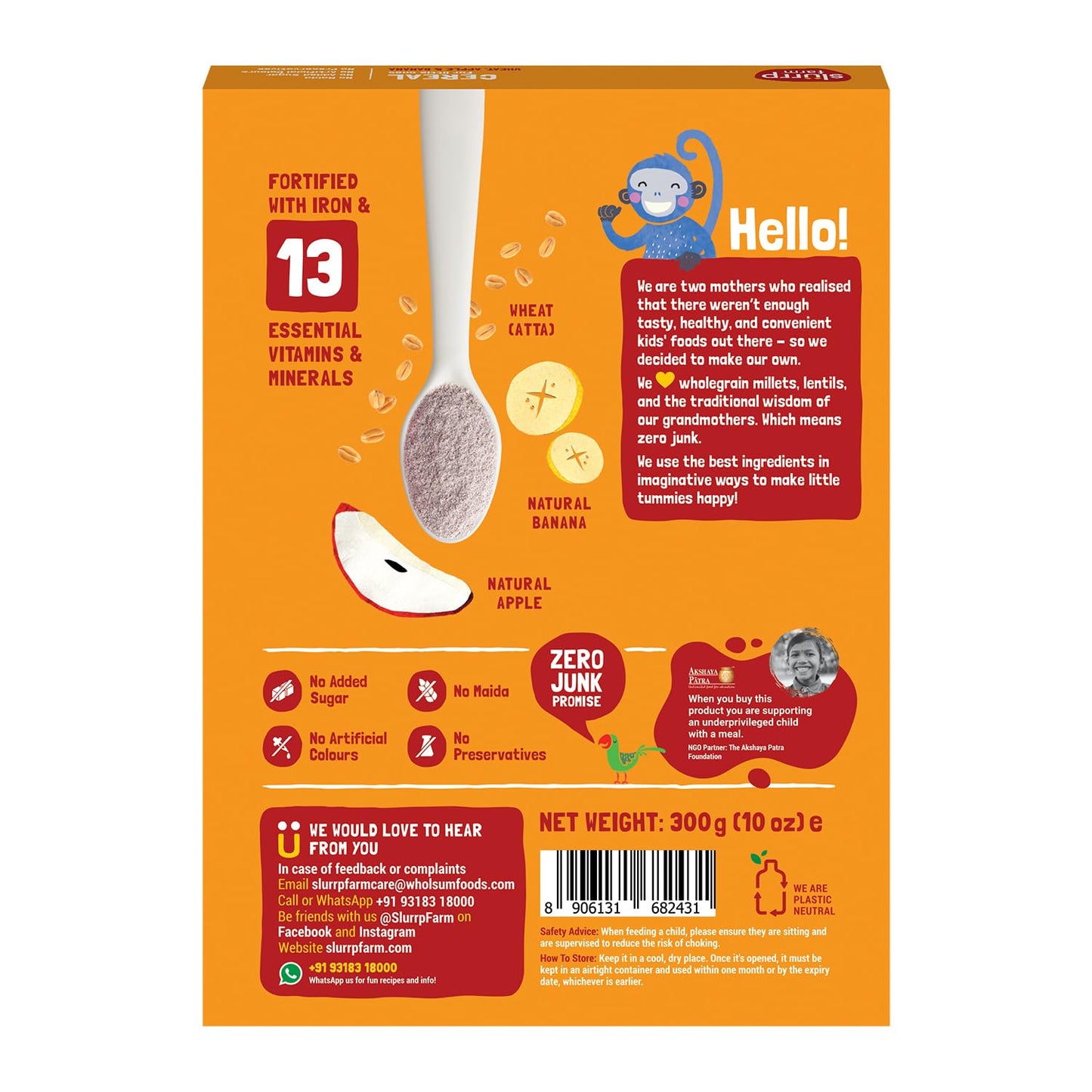 Slurrp Farm No Added Sugar Instant Wheat Apple & Banana Cereal | No Milk No Preservatives | 300G